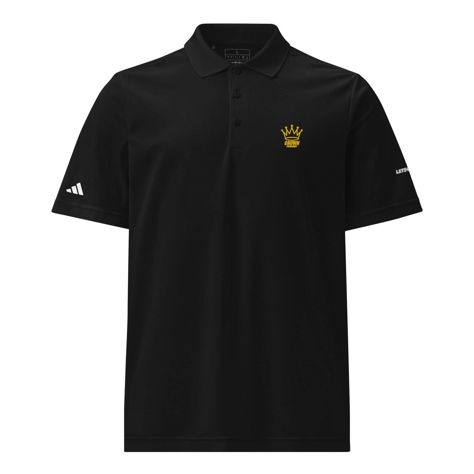 Black polo shirt with white Adidas logo on the left sleeve and gold crown emblem on the chest.