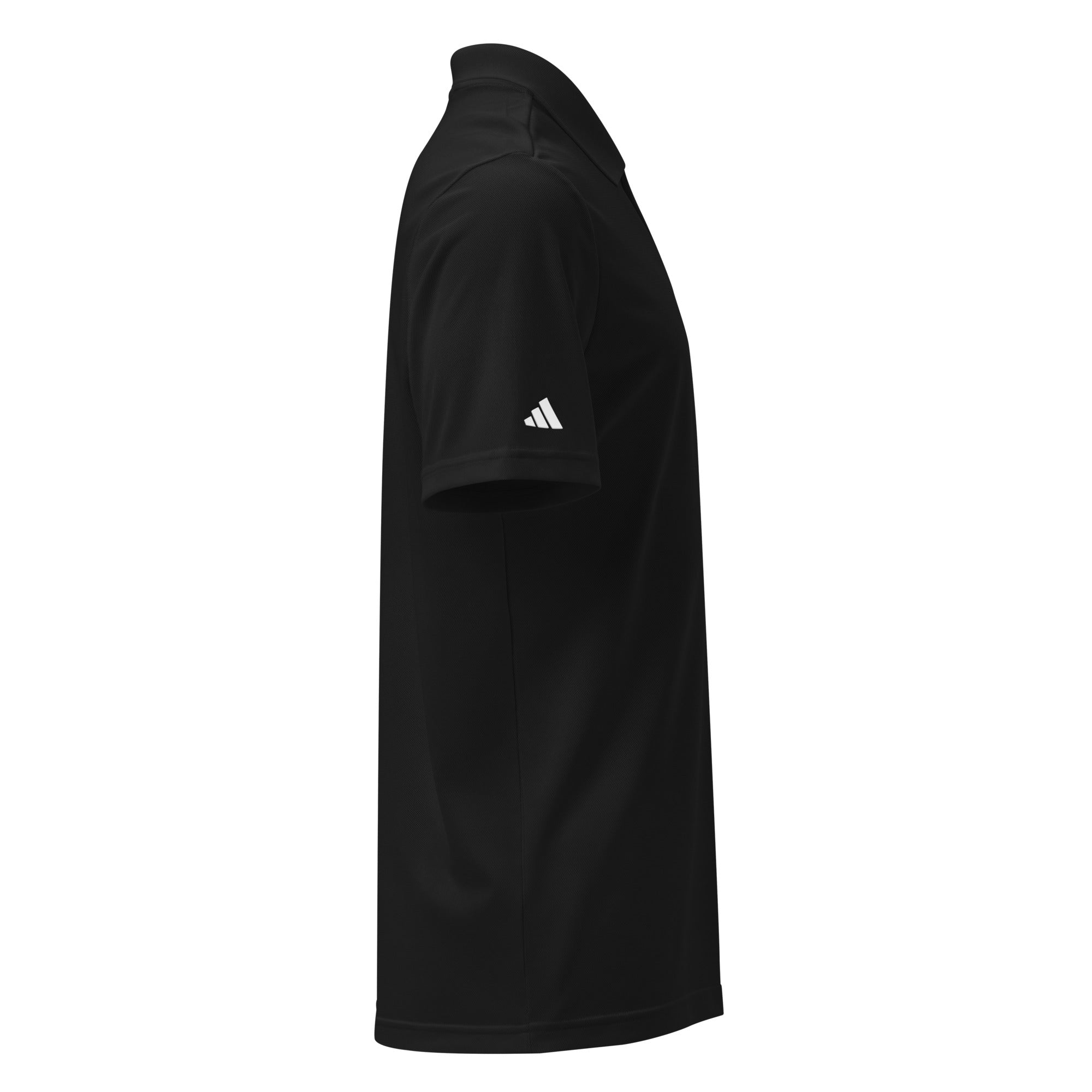 Black polo shirt with white logo.