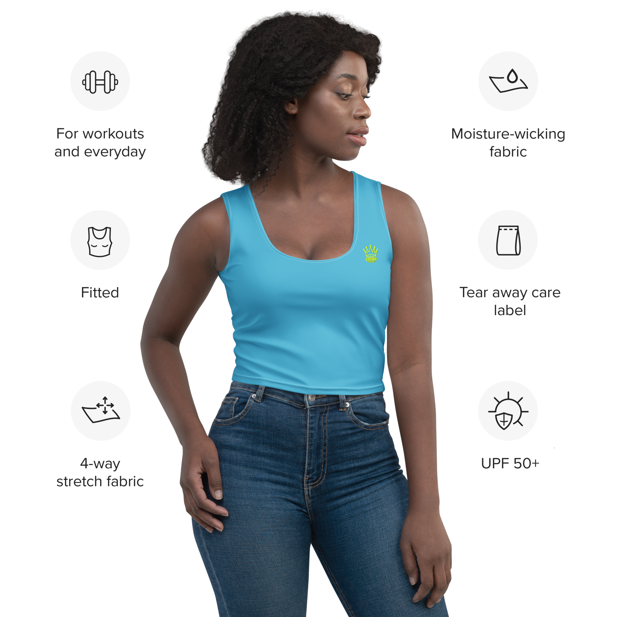 Woman wearing a turquoise tank top and blue jeans on a black background with white icons.