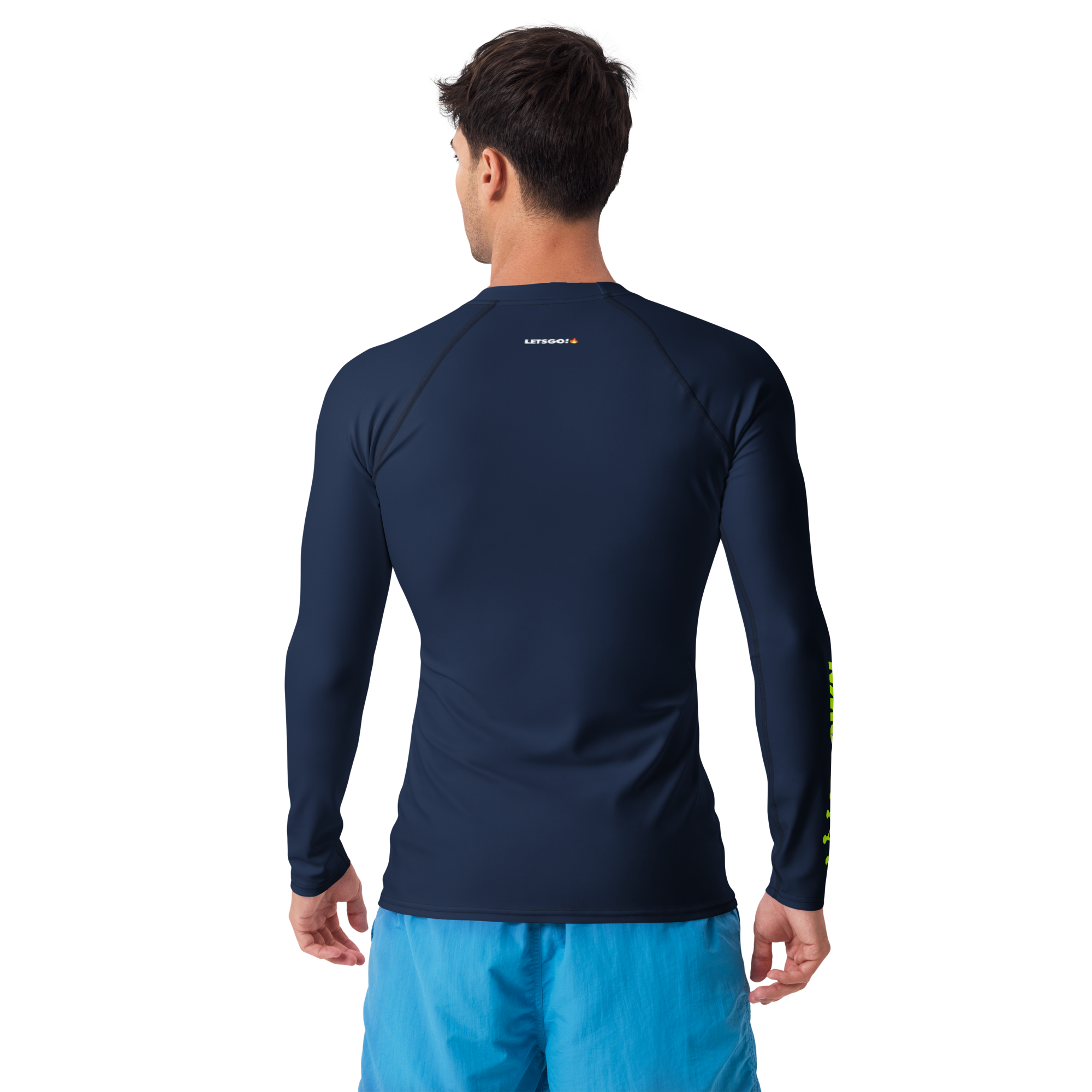 Man in navy long sleeve shirt and blue shorts from behind.