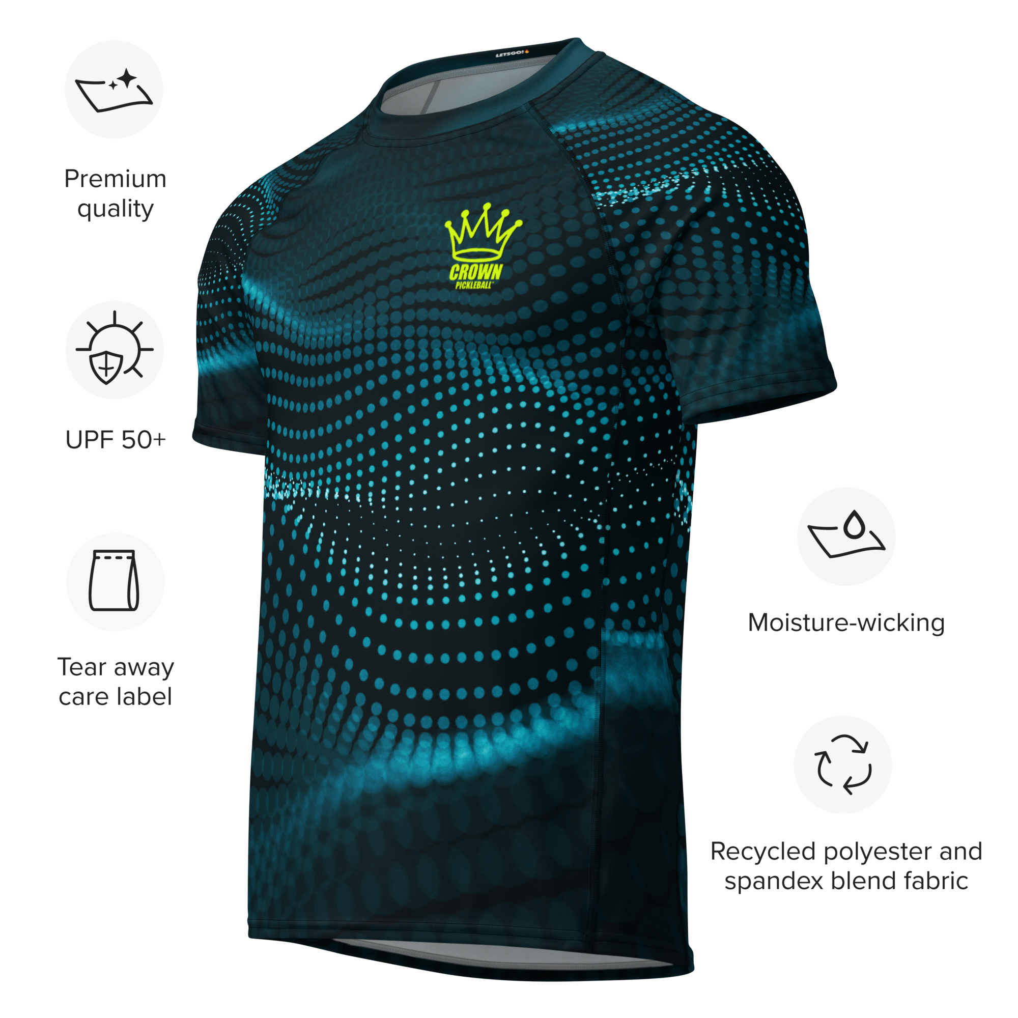Blue and black athletic t-shirt with dot pattern, featuring moisture-wicking and UPF 50+ protection, made from recycled polyester and spandex.