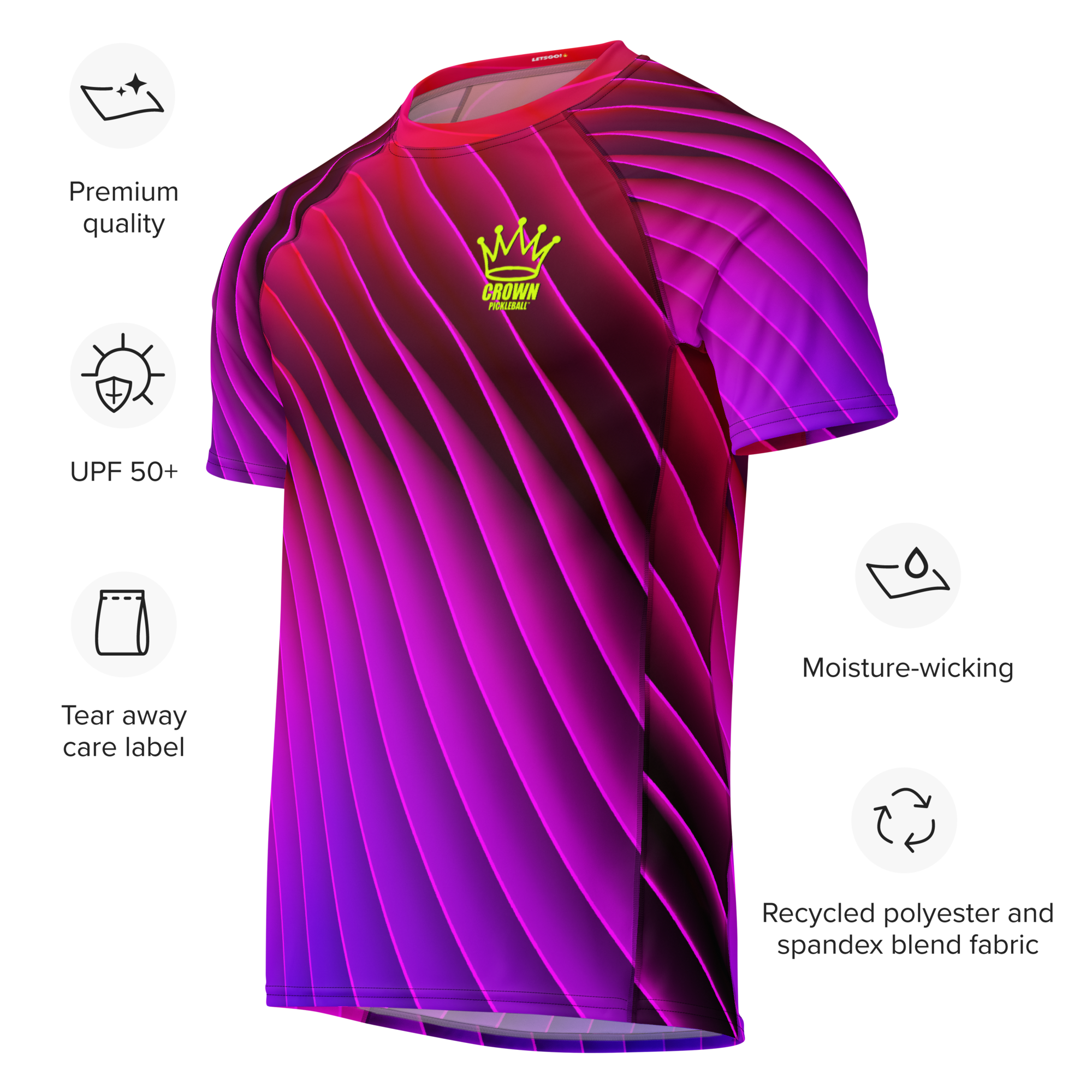 Purple and red t-shirt with a crown logo and product features.