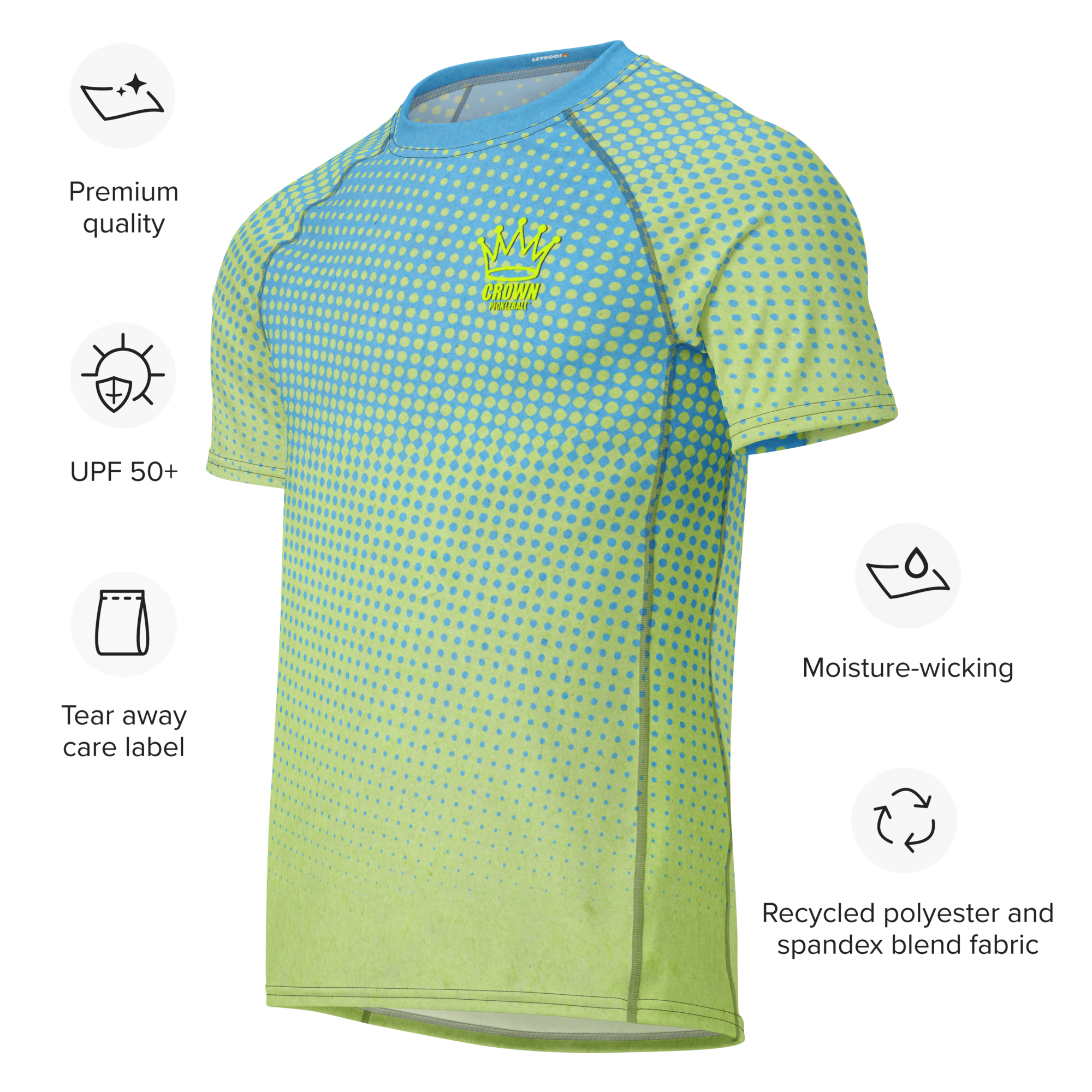 Short-sleeved performance shirt with blue and yellow dot pattern.