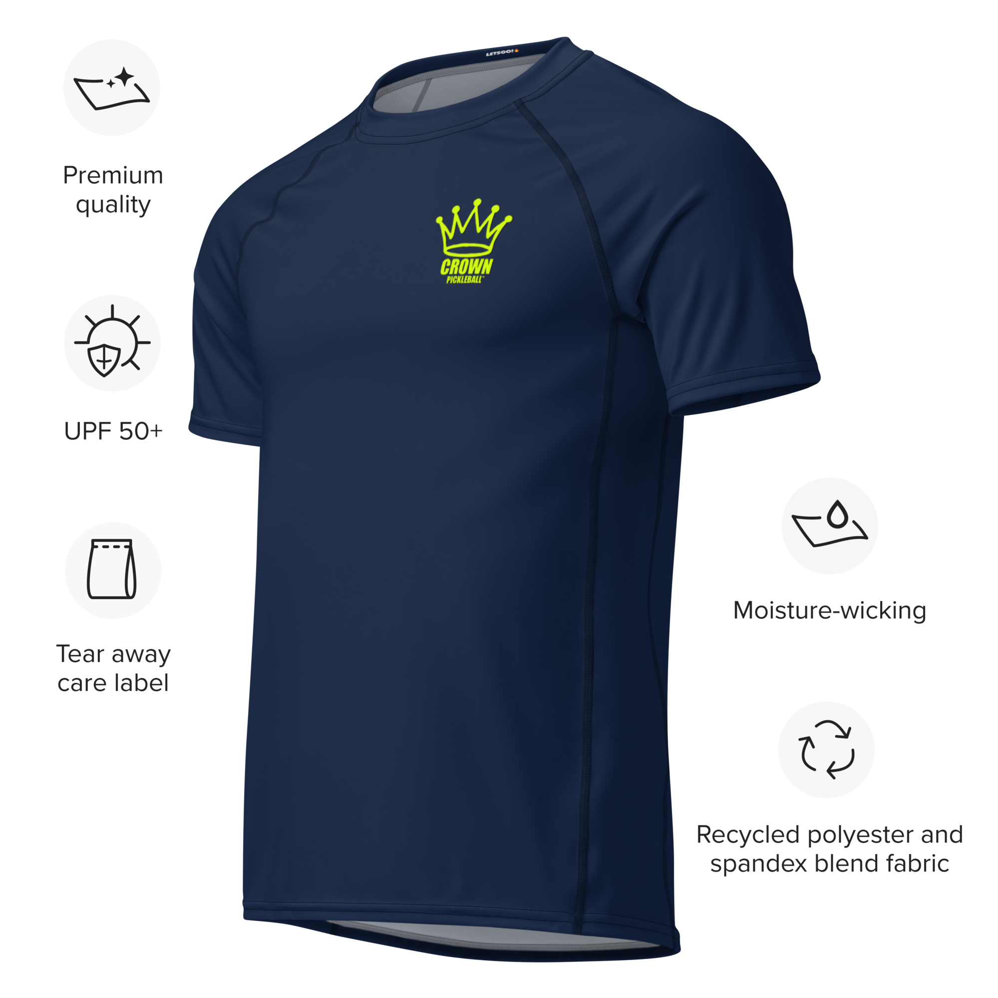 Navy blue t-shirt with a neon yellow logo, described with icons of features: premium quality, UPF 50+, tear-away care label, moisture-wicking, and recycled polyester-spandex fabric.