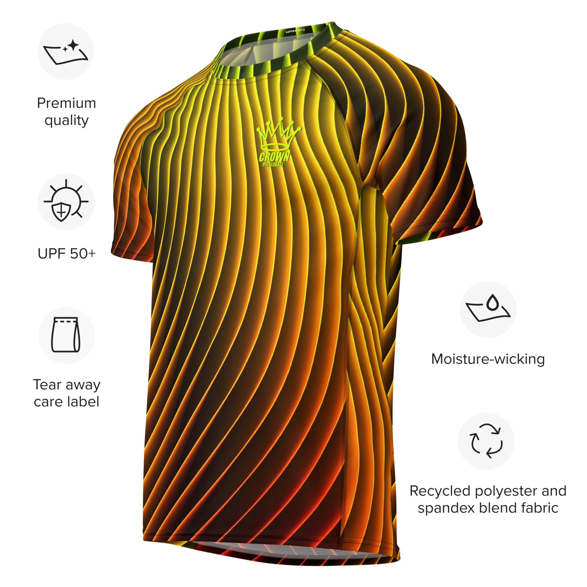 T-shirt with orange and yellow striped design, featuring "Crown Pickleball" logo and icons indicating premium quality, UPF 50+ protection, tear-away care label, moisture-wicking properties, and recycled polyester and spandex blend fabric.