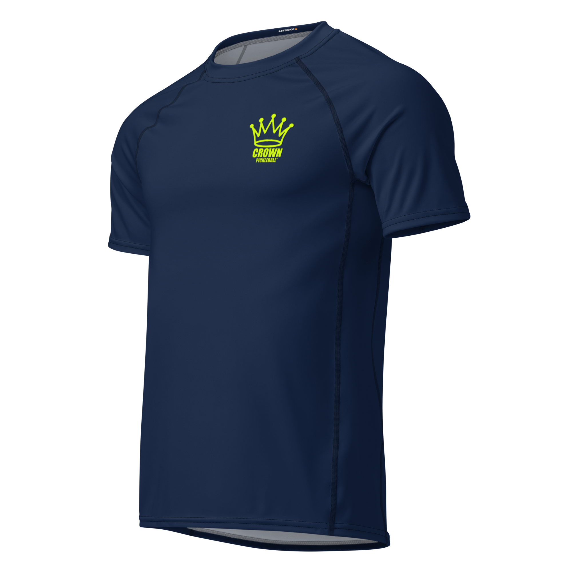 Navy blue t-shirt with bright yellow crown logo.

