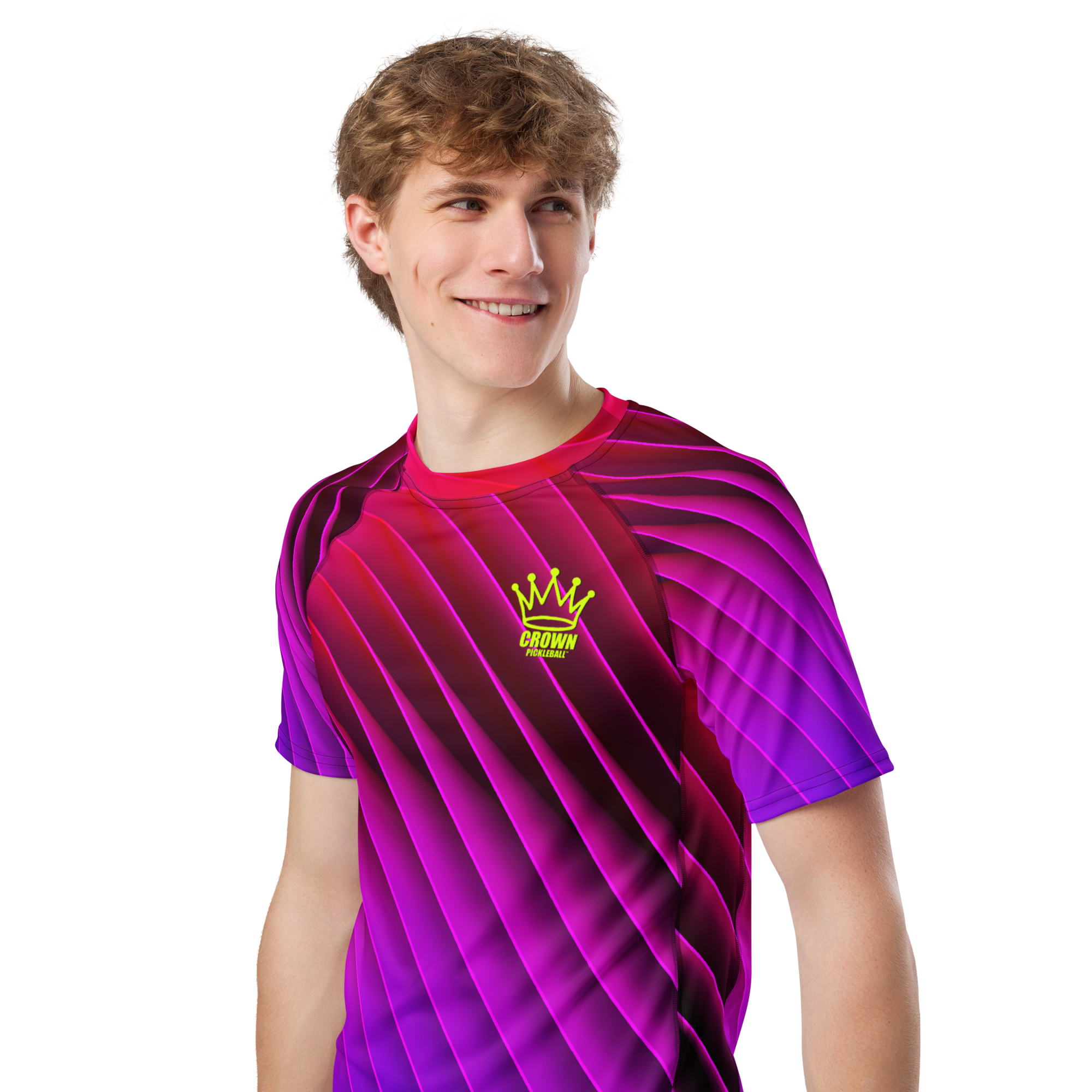 Man in a purple and pink t-shirt with a crown logo, smiling.