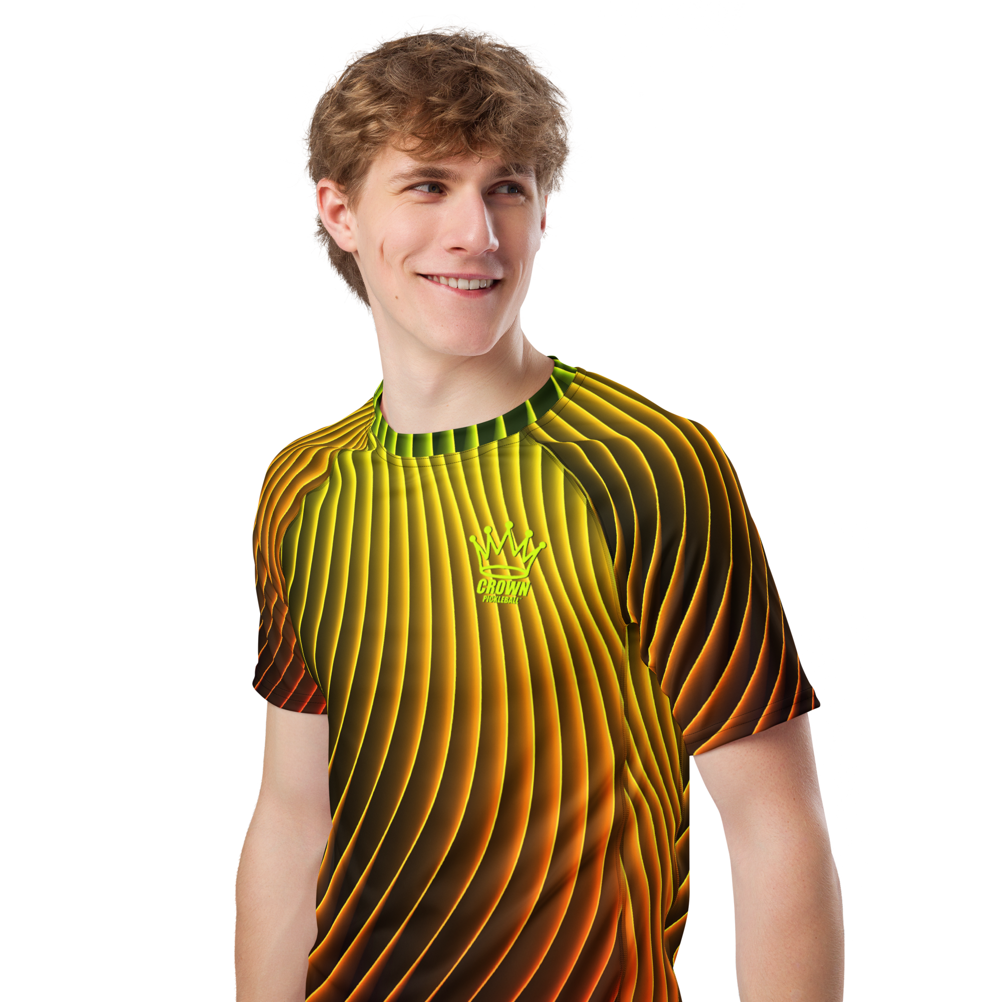 A person wearing a yellow and black striped t-shirt with a logo, against a black background.