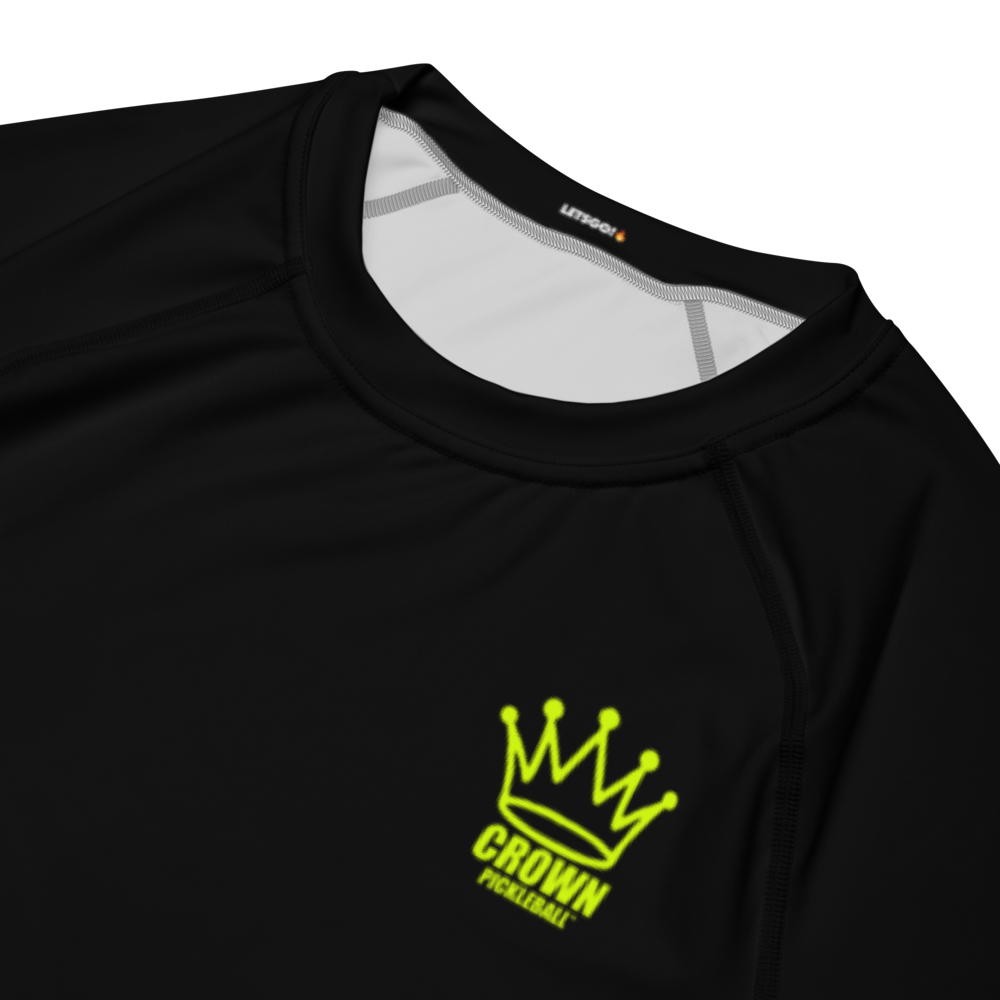 Black athletic shirt with a neon green crown and "CROWN PICKLEBALL" logo.
