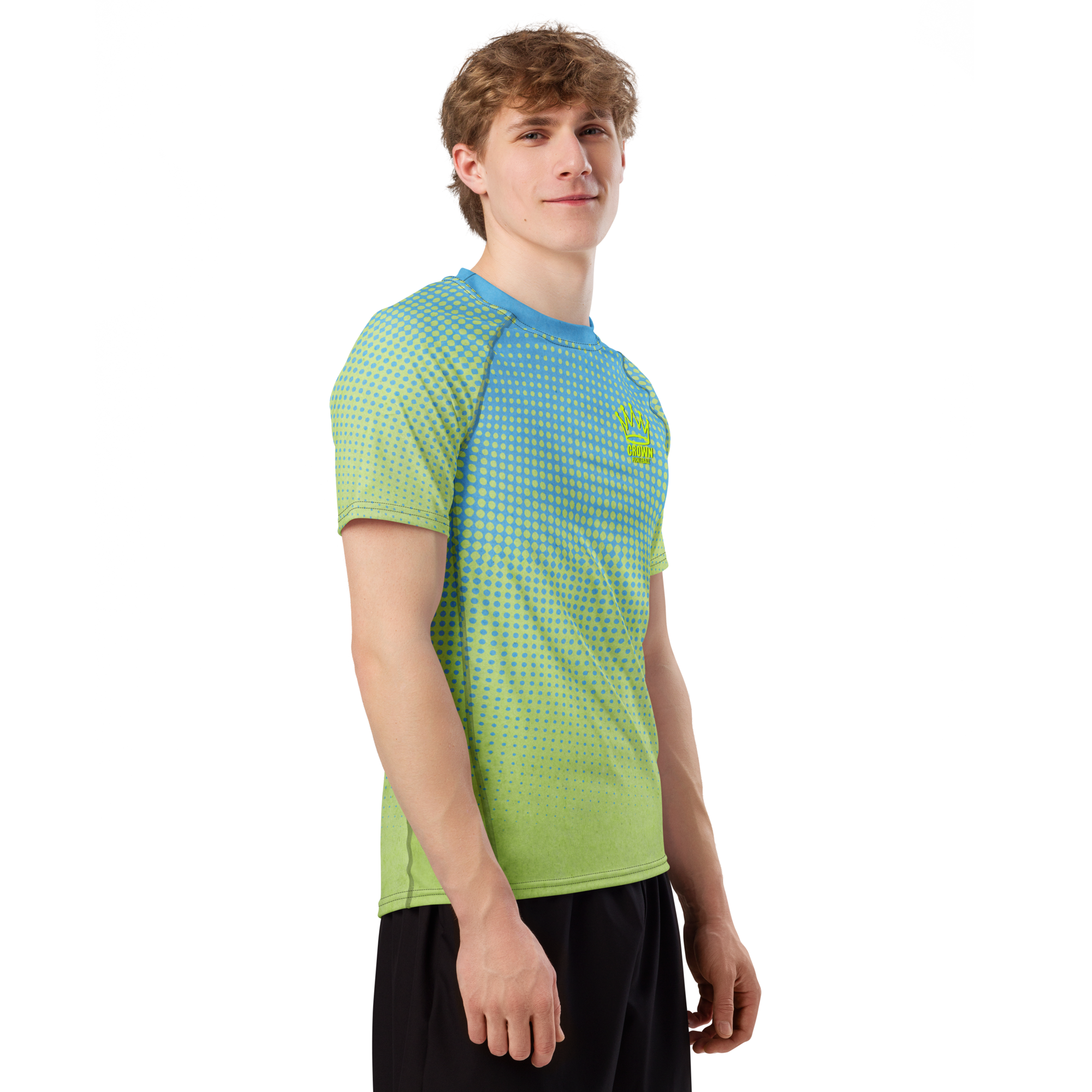 Man in gradient blue and green polka dot t-shirt.