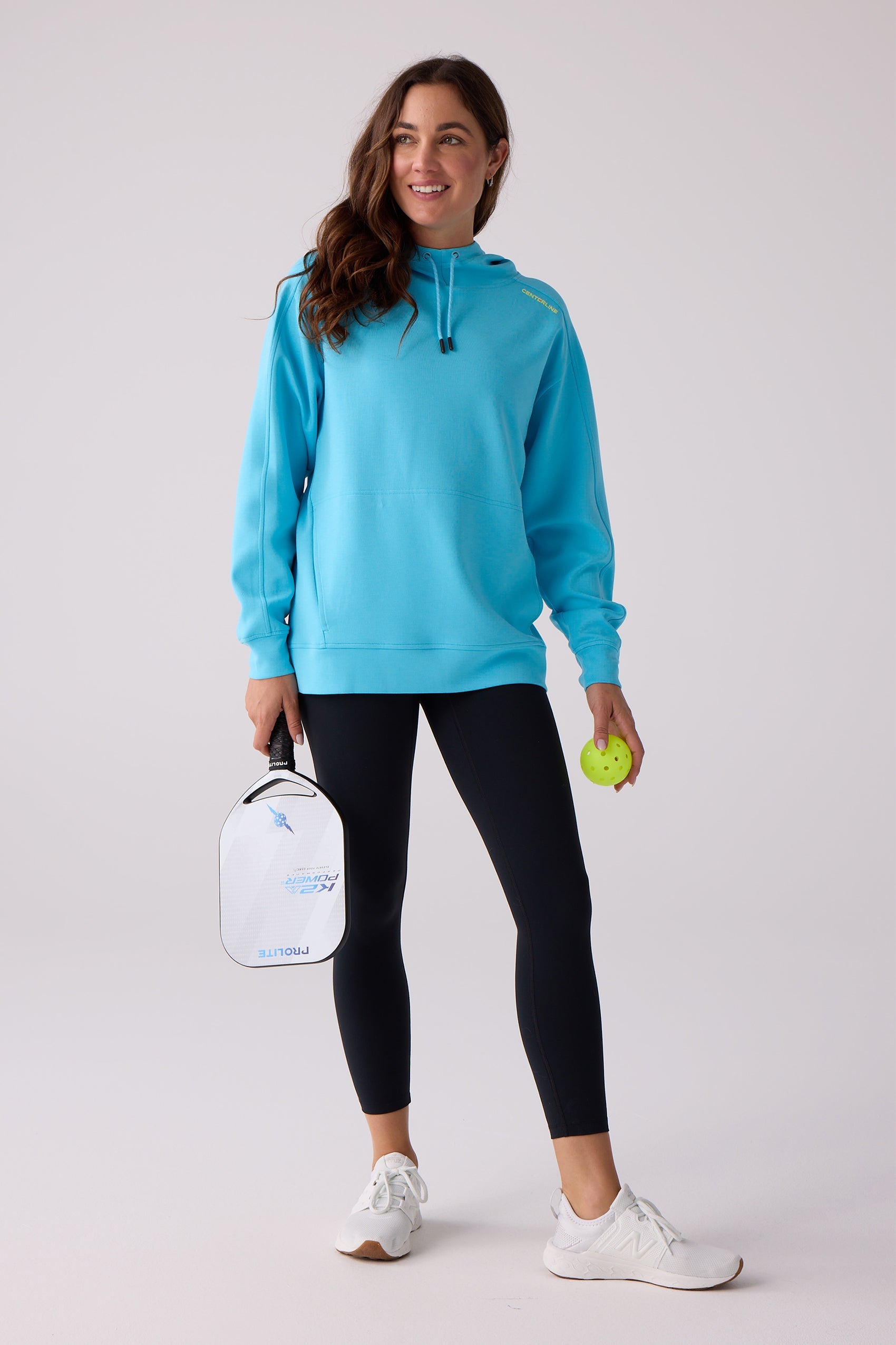 Aqua blue hooded sweatshirt by Centerline Athletics, featuring a front pocket and yellow 'CENTERLINE' text on the shoulder.