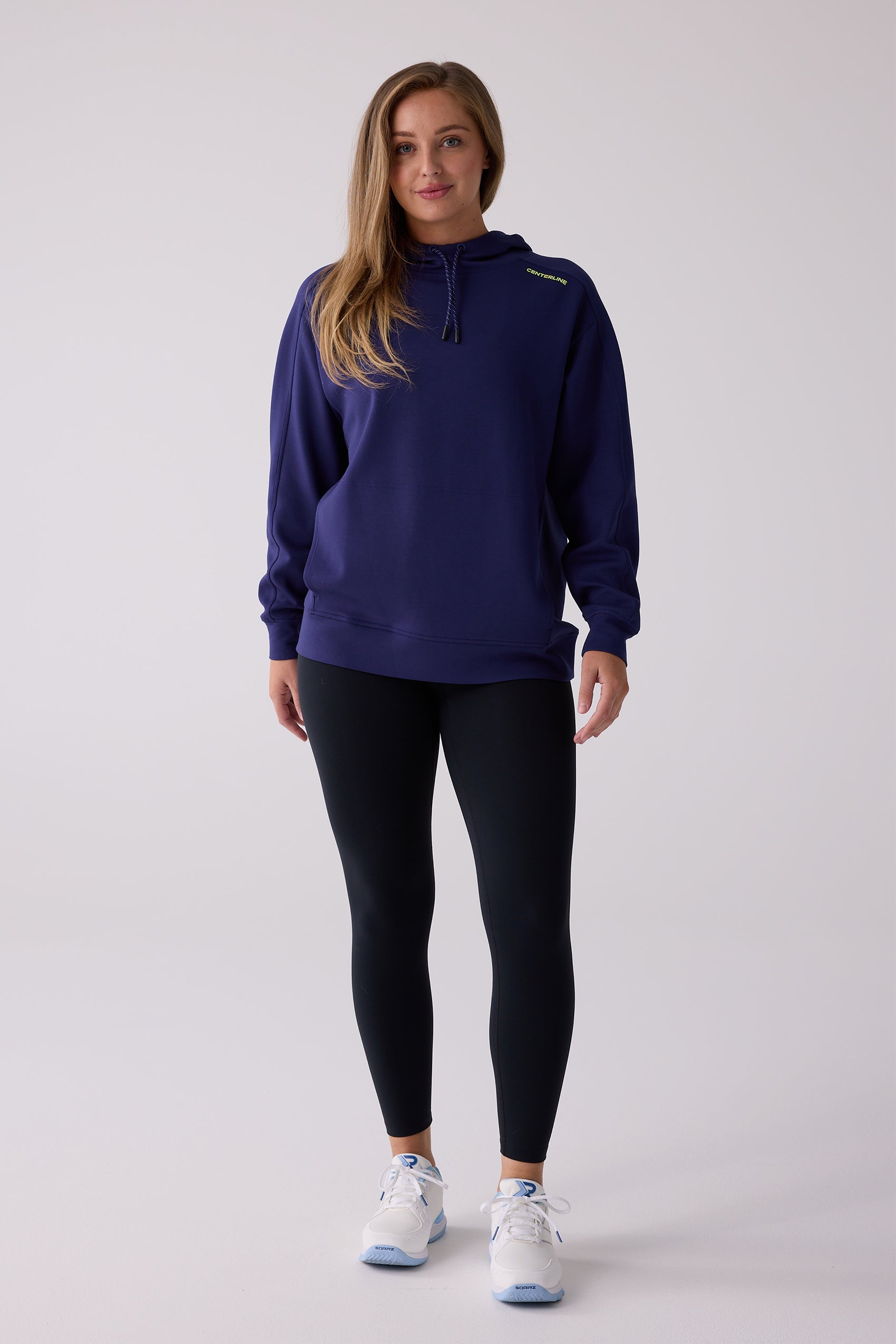 Navy women's hooded sweatshirt by Centerline Athletics, with a speckled drawstring hood, kangaroo pocket, and small yellow 'Centerline' text.