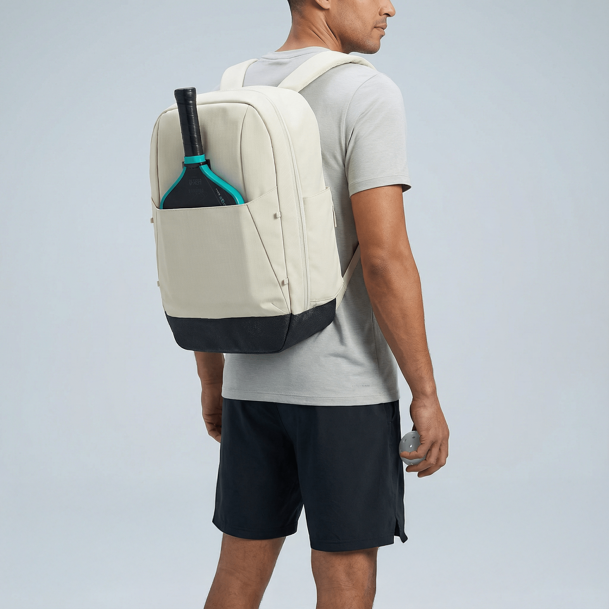 Light beige and black Pickleball Backpack by FORWRD, worn by a man with a pickleball paddle in the side pocket, holding a pickleball.
