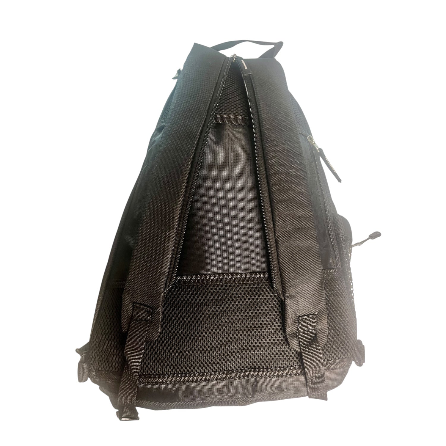 Black backpack with mesh accents.
