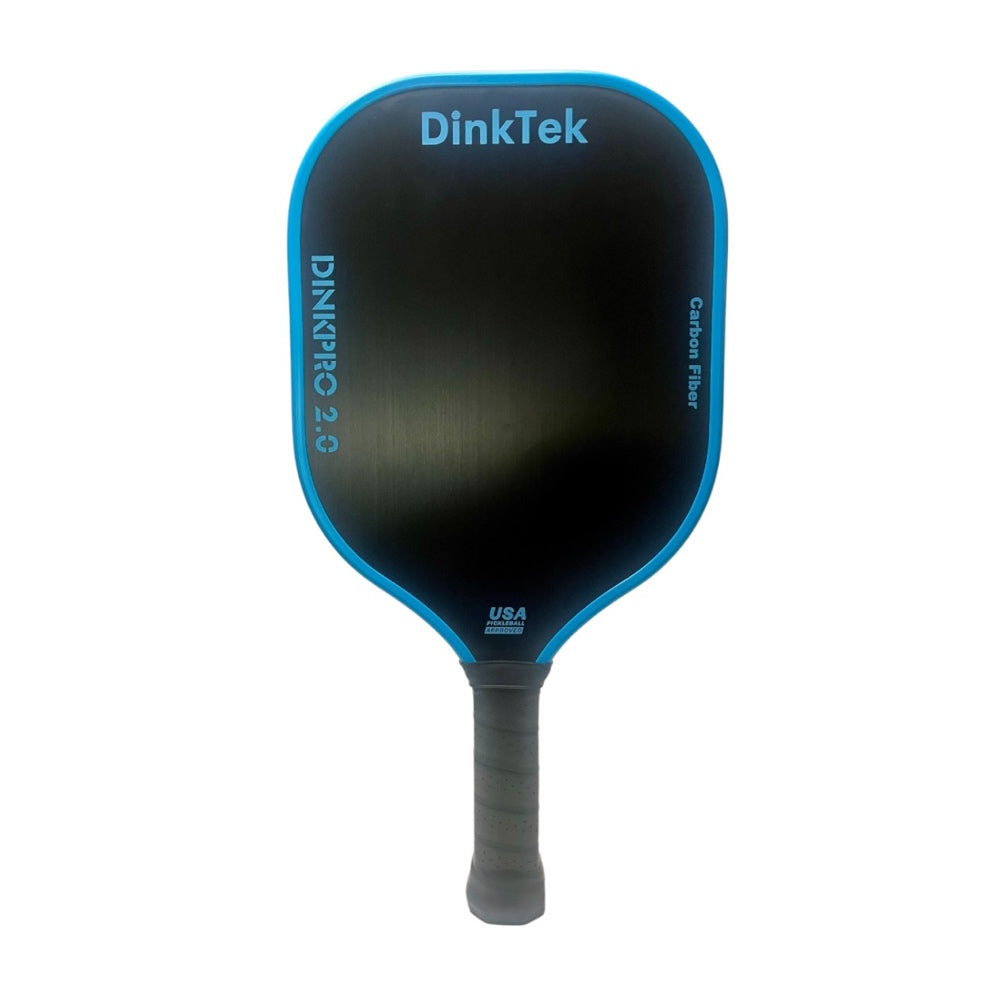 A black DinkTek carbon fiber pickleball paddle with a blue edge and black grip.
