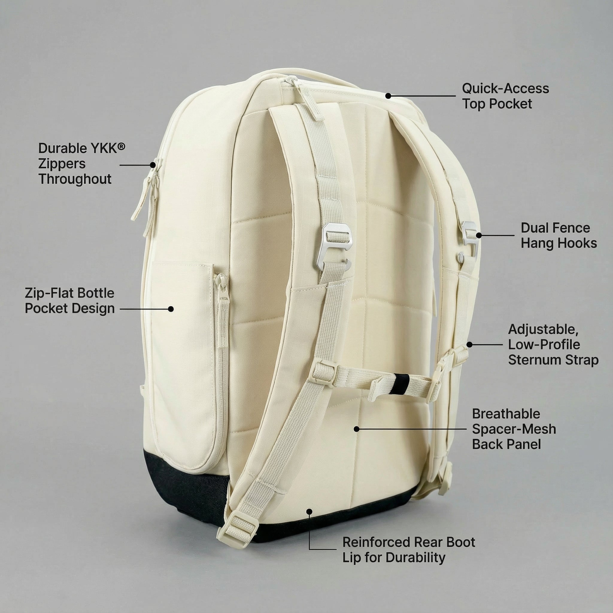 Cream pickleball backpack by FORWRD, shown from the back with a padded mesh panel, quick-access top pocket, and reinforced base.