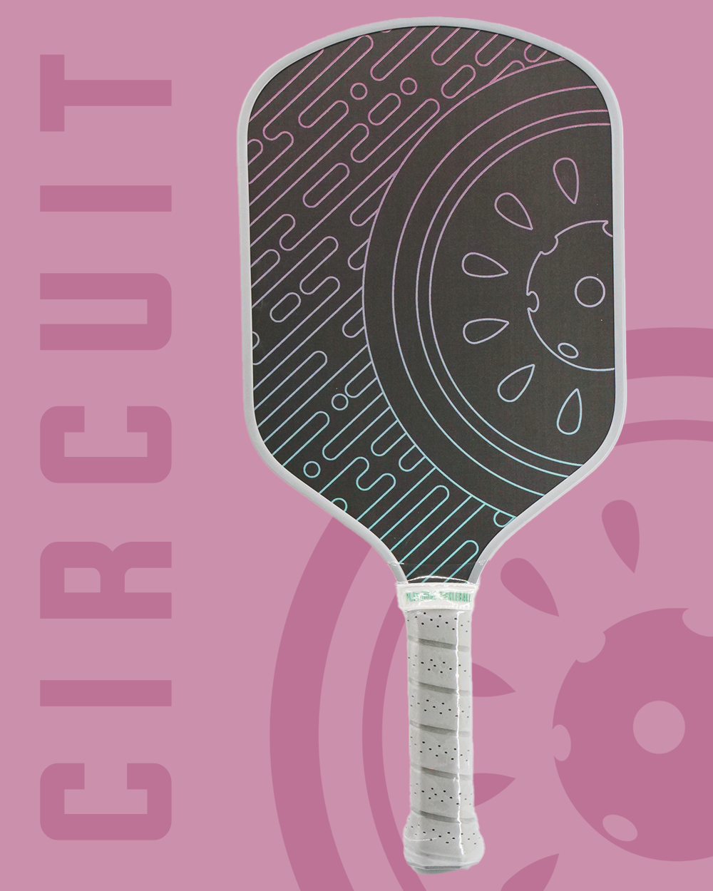 Black pickleball paddle with a white handle against a pink background.
