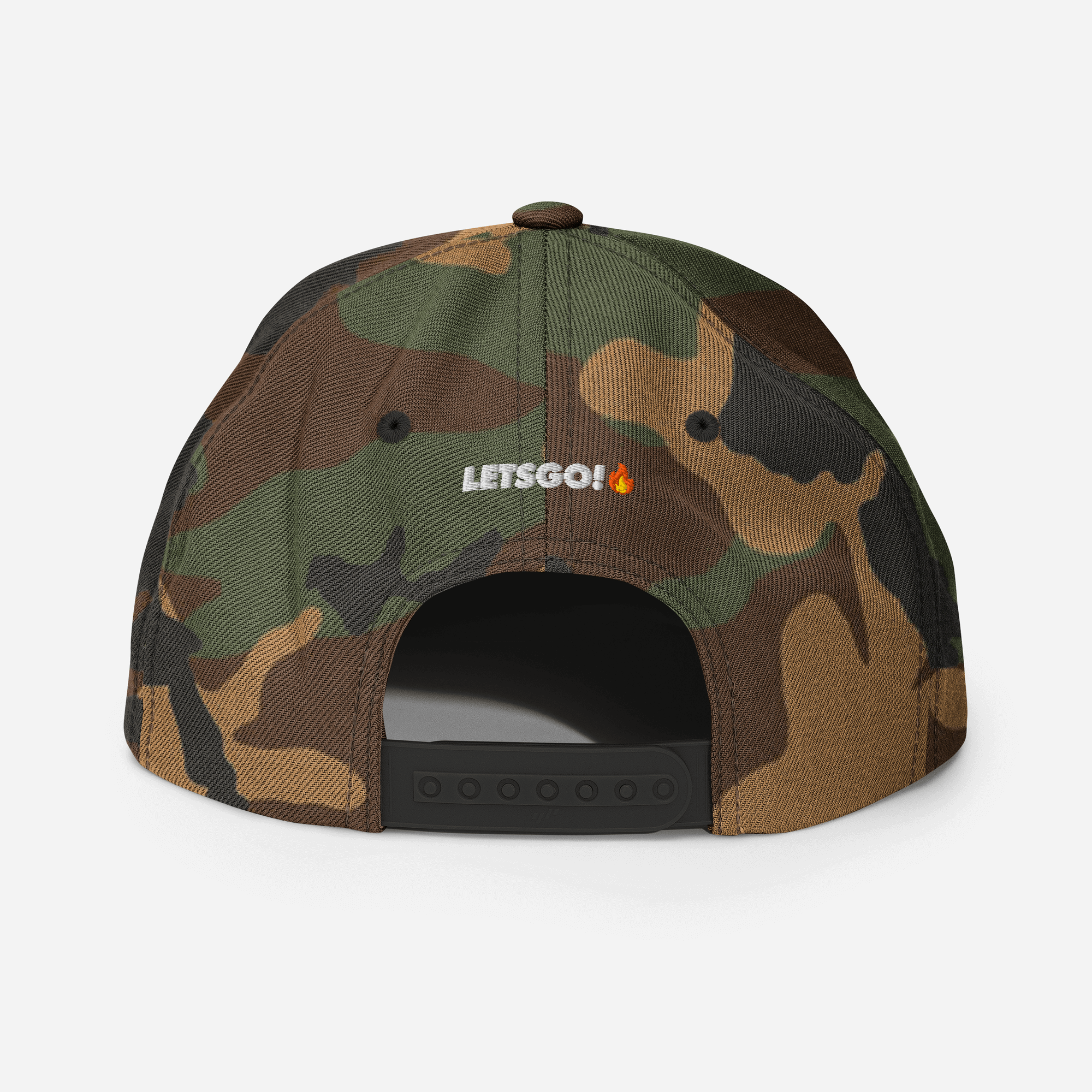 Camo hat with "LETSGO!" text.