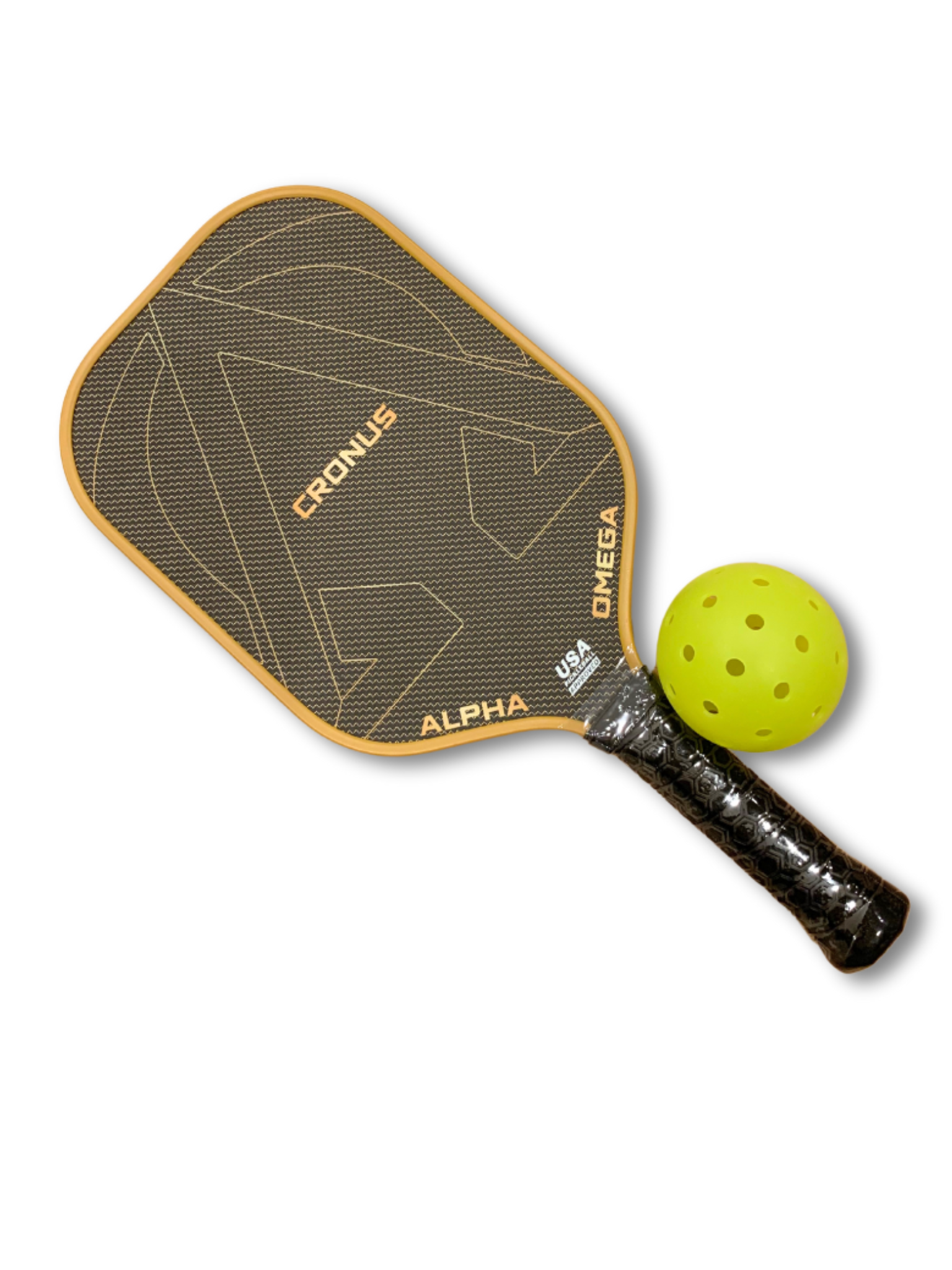 Pickleball paddle with green ball.