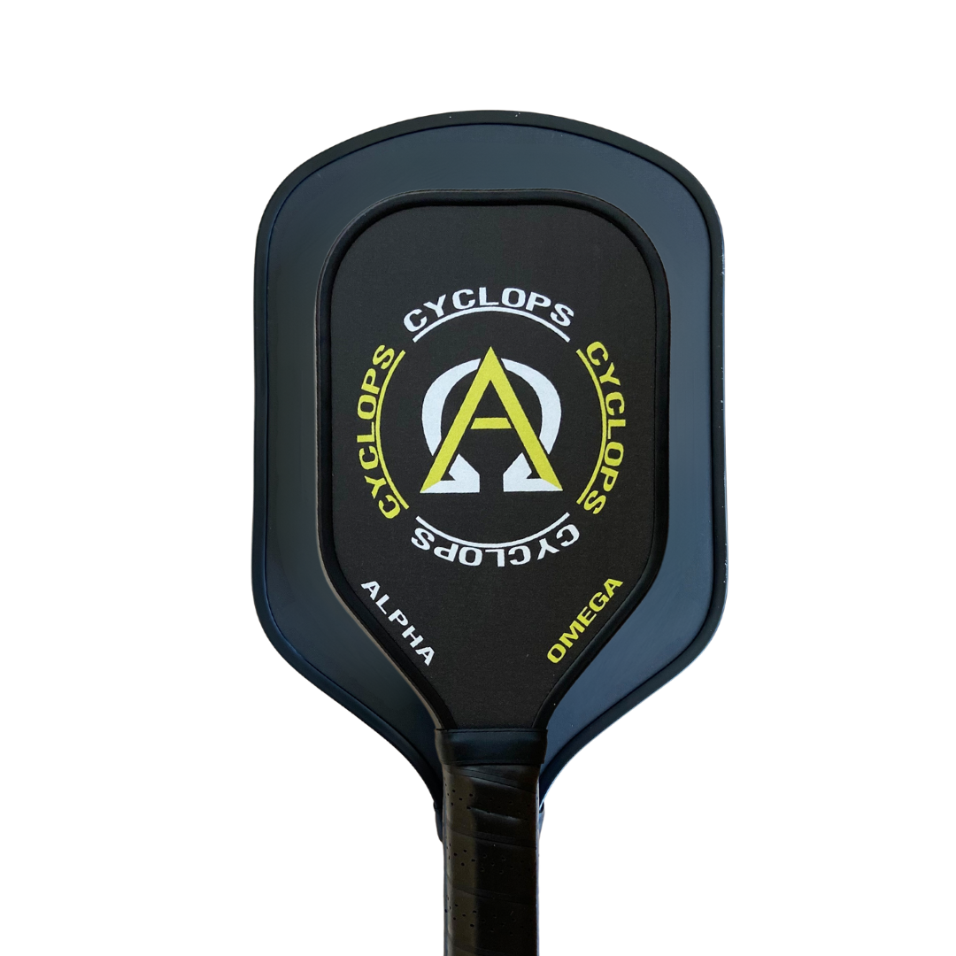 Black and yellow Cyclops Alpha Omega pickleball paddle.
