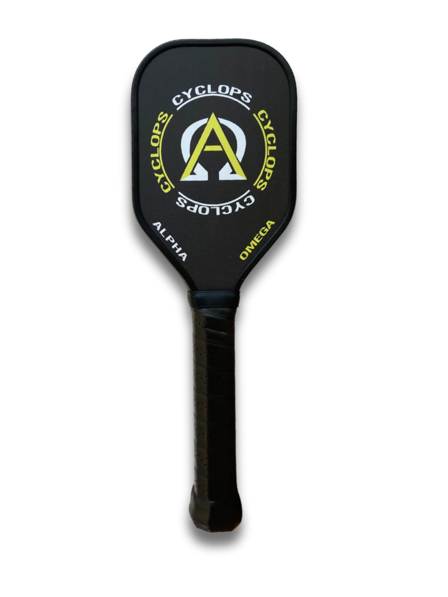 Black pickleball paddle with "CYCLOPS" text and yellow triangle-shaped design.
