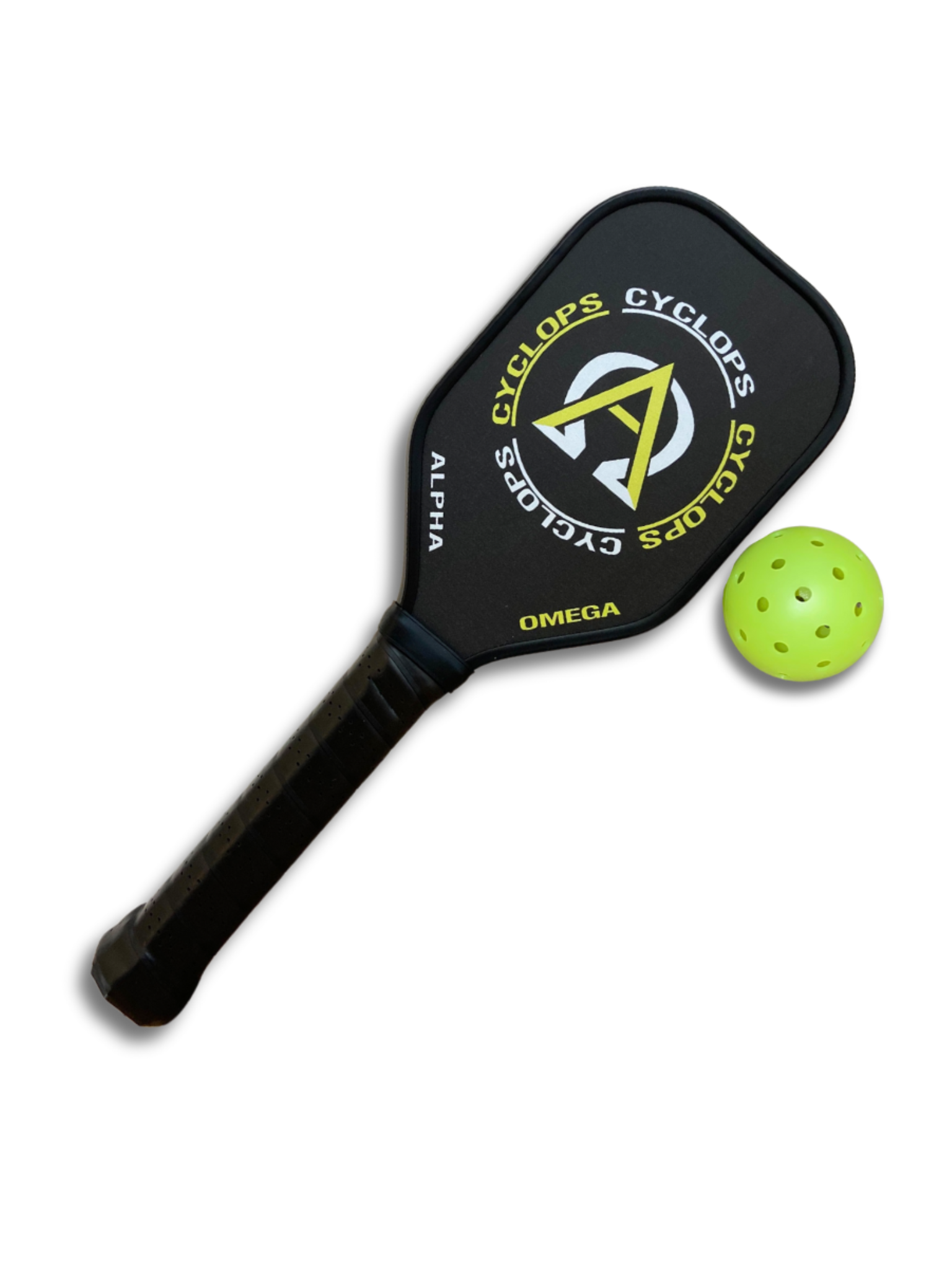 A black pickleball paddle and a green pickleball.