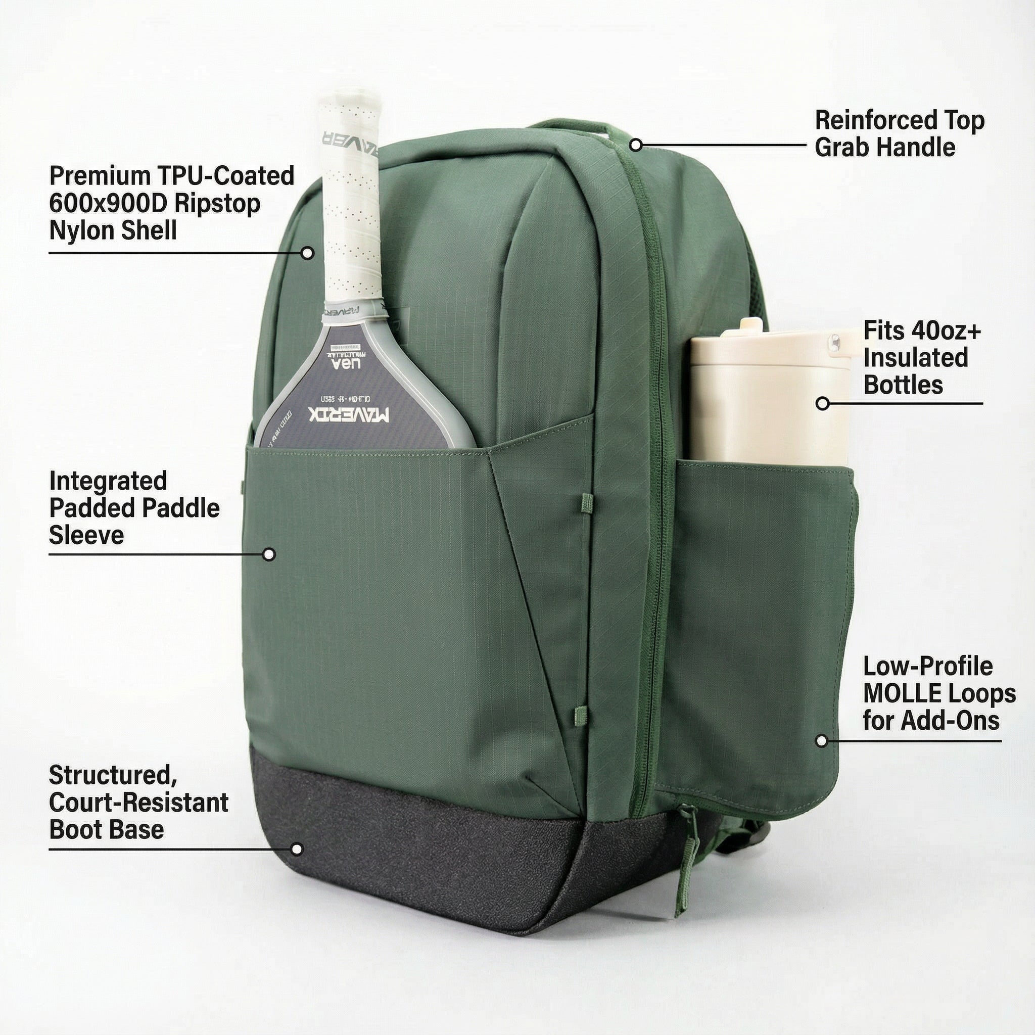 Dark green ripstop nylon Pickleball Backpack by FORWRD, featuring a paddle sleeve, side bottle pocket, reinforced handle, and black boot base.