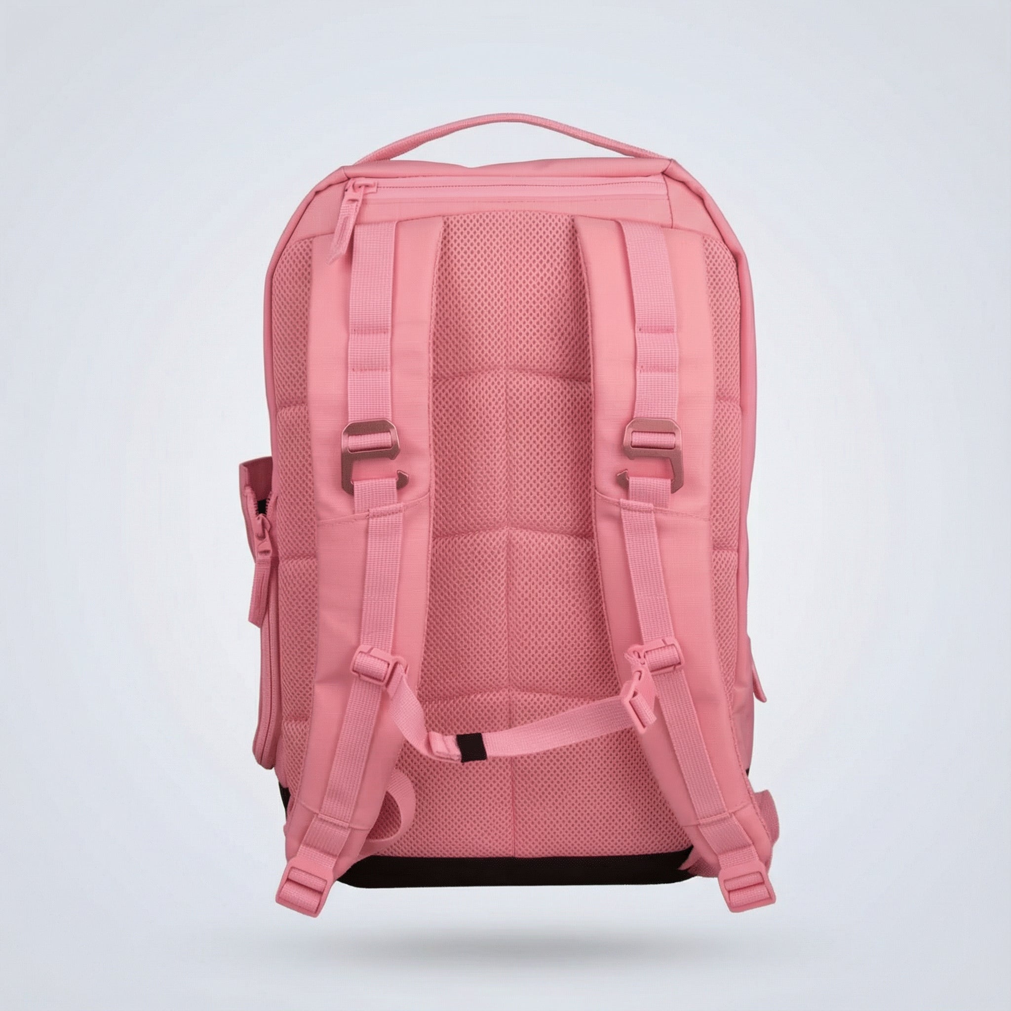 Pink Pickleball Backpack by FORWRD, back view showing mesh padding, adjustable straps, and a zippered top pocket.