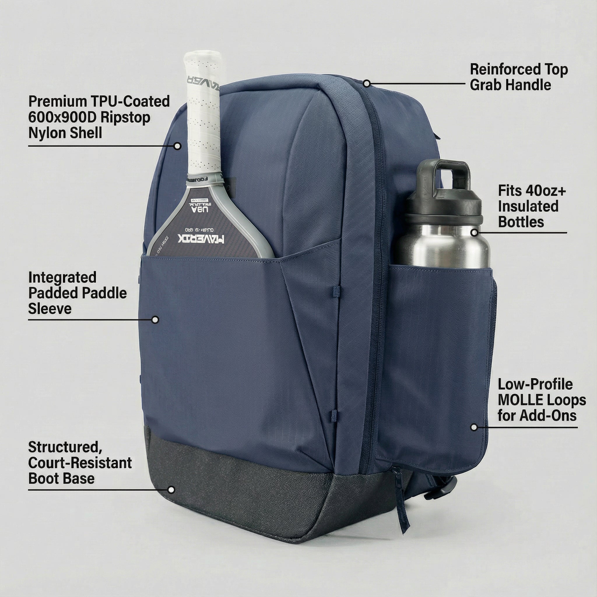 Dark blue pickleball backpack by FORWRD with a padded paddle sleeve, side water bottle pocket, and reinforced boot base.