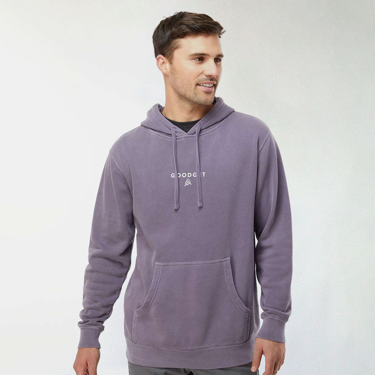 Mauve pullover hoodie by Good Get with drawstrings, a white chest logo, and front pouch pocket.