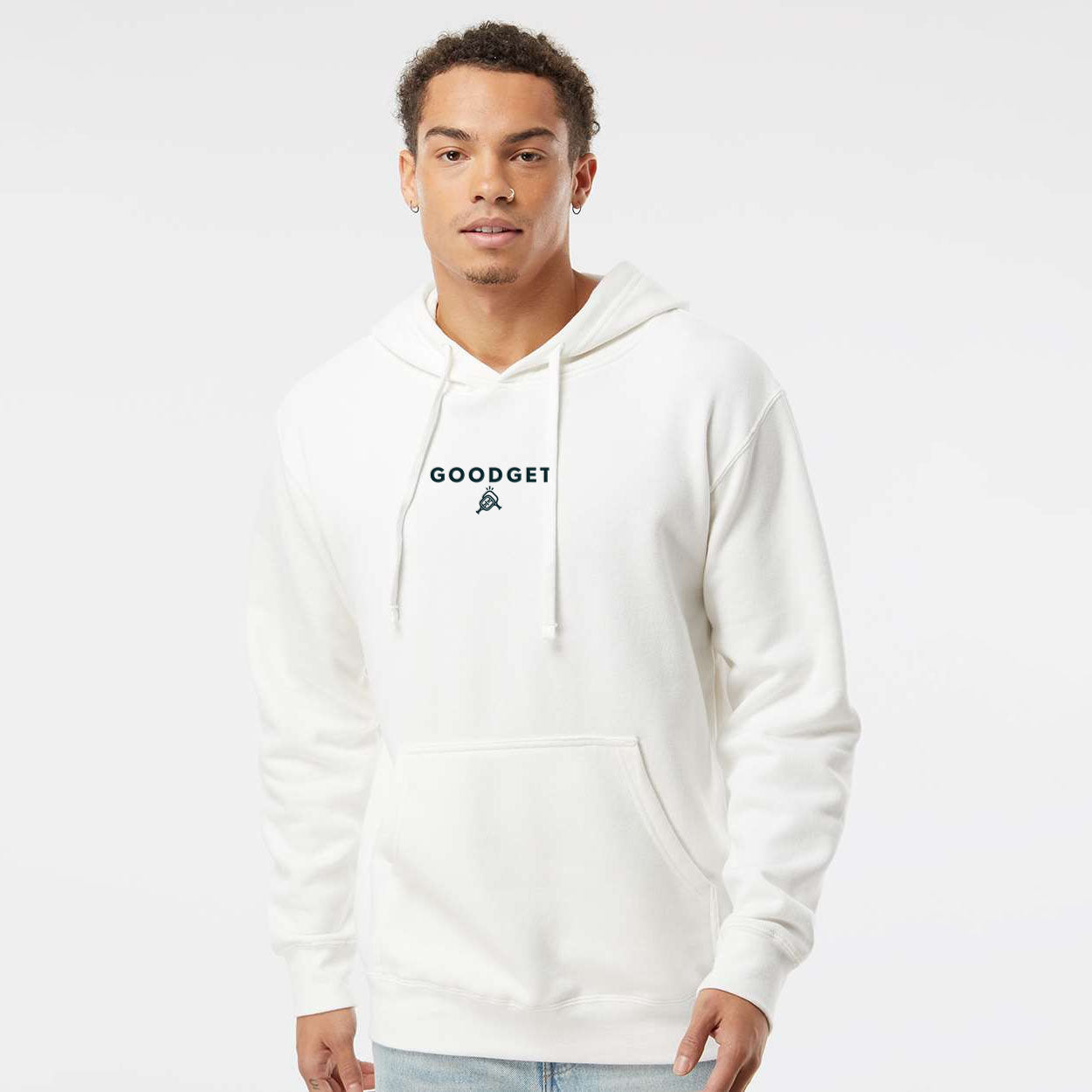 White pullover hoodie by Good Get with drawstrings, a front pouch pocket, and a black GOODGET logo on the chest, worn by a man.