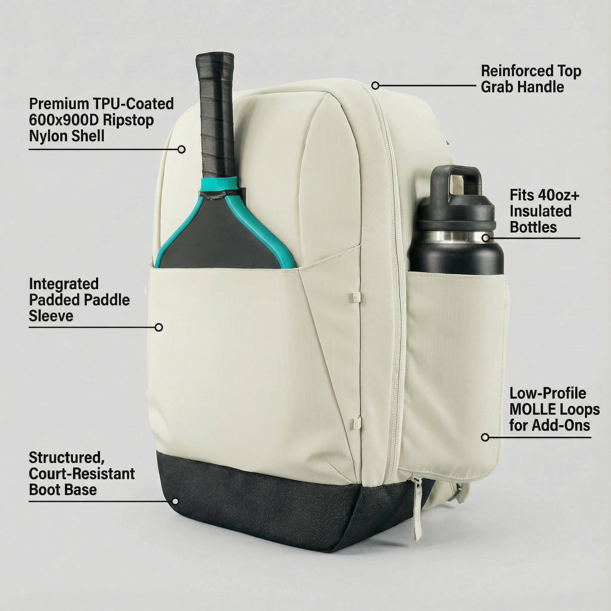 Off-white pickleball backpack by FORWRD with a black base, showing a side paddle sleeve and water bottle pocket.