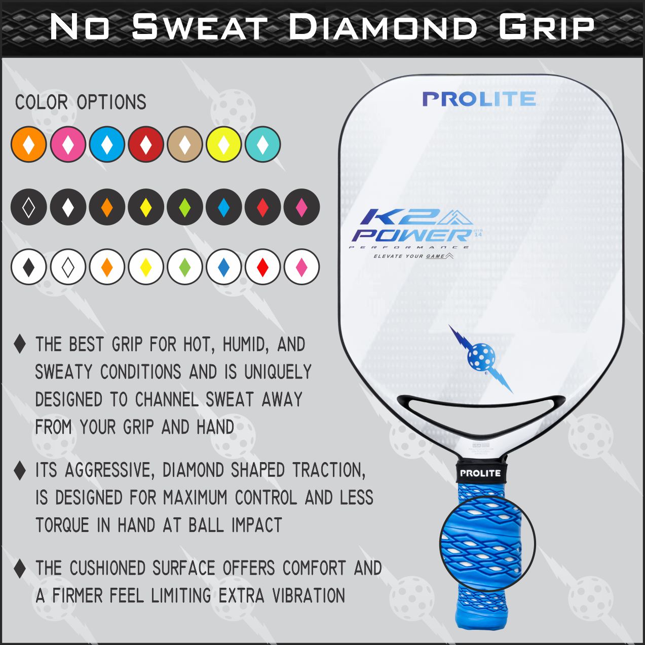 Pickleball paddle with color options and "No Sweat Diamond Grip".