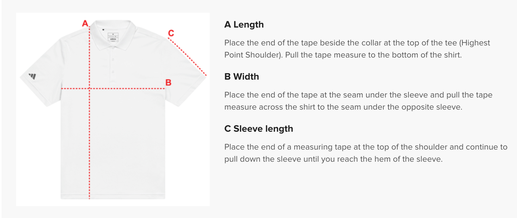 White polo shirt with red labels showing how to measure it.