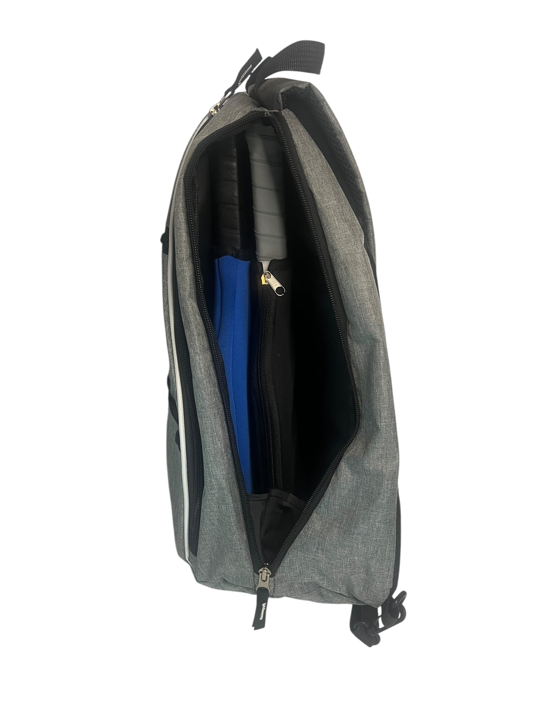 Open gray backpack with a tennis racket inside.