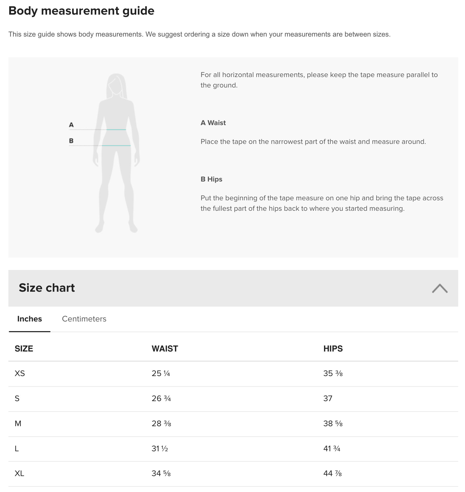 Body measurement and size chart in inches.