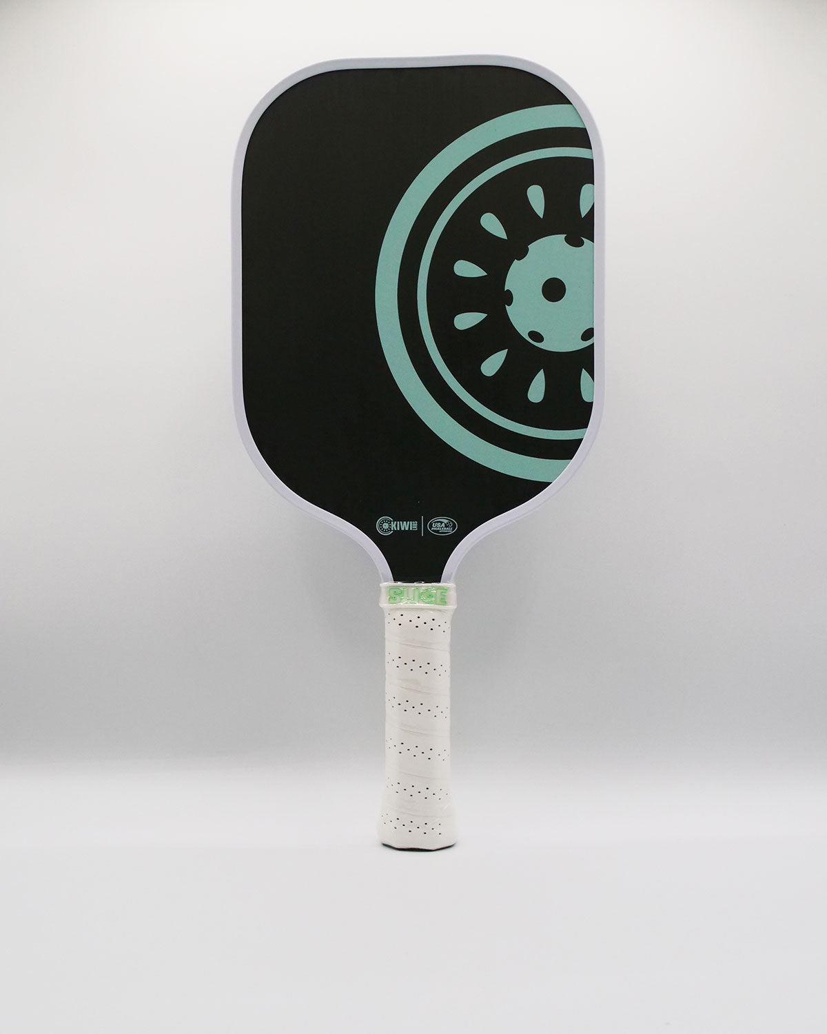 Black and white pickleball paddle with turquoise accents. 
