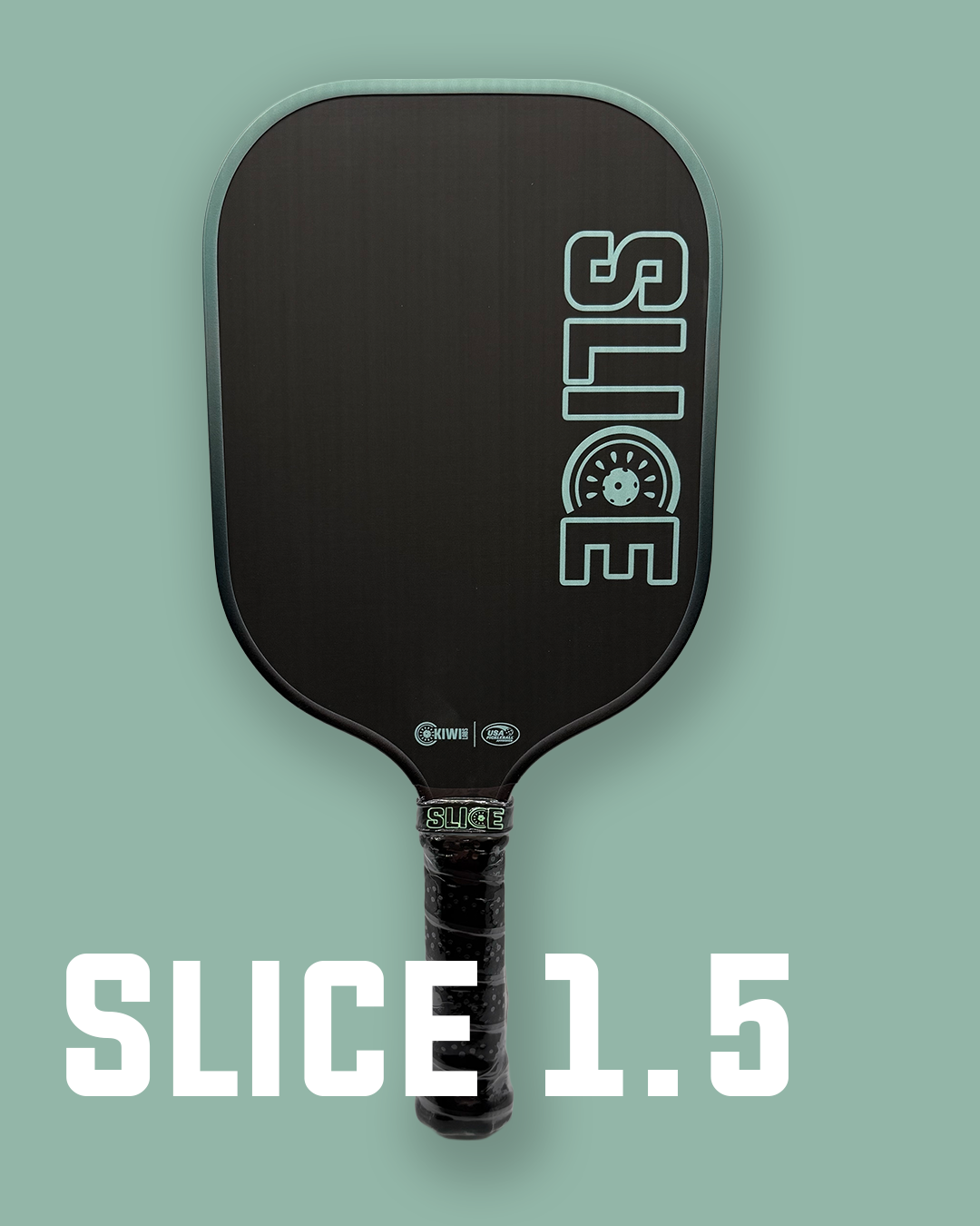 Black and turquoise pickleball paddle with "Slice" branding, a wrapped handle, and the text "Slice 1.5" on a turquoise background.
