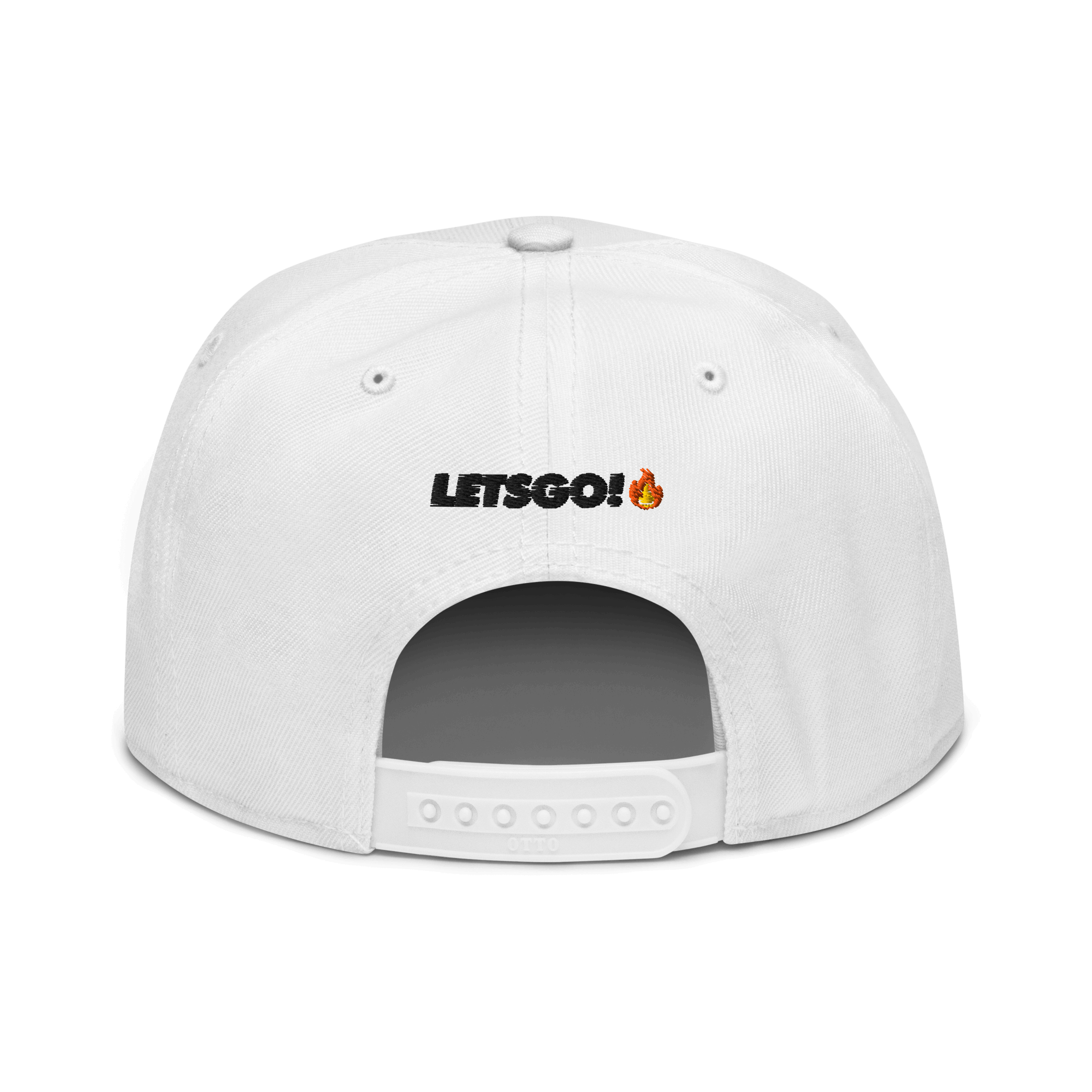 White cap with "LETSGO!" text and flame graphic on the back.
