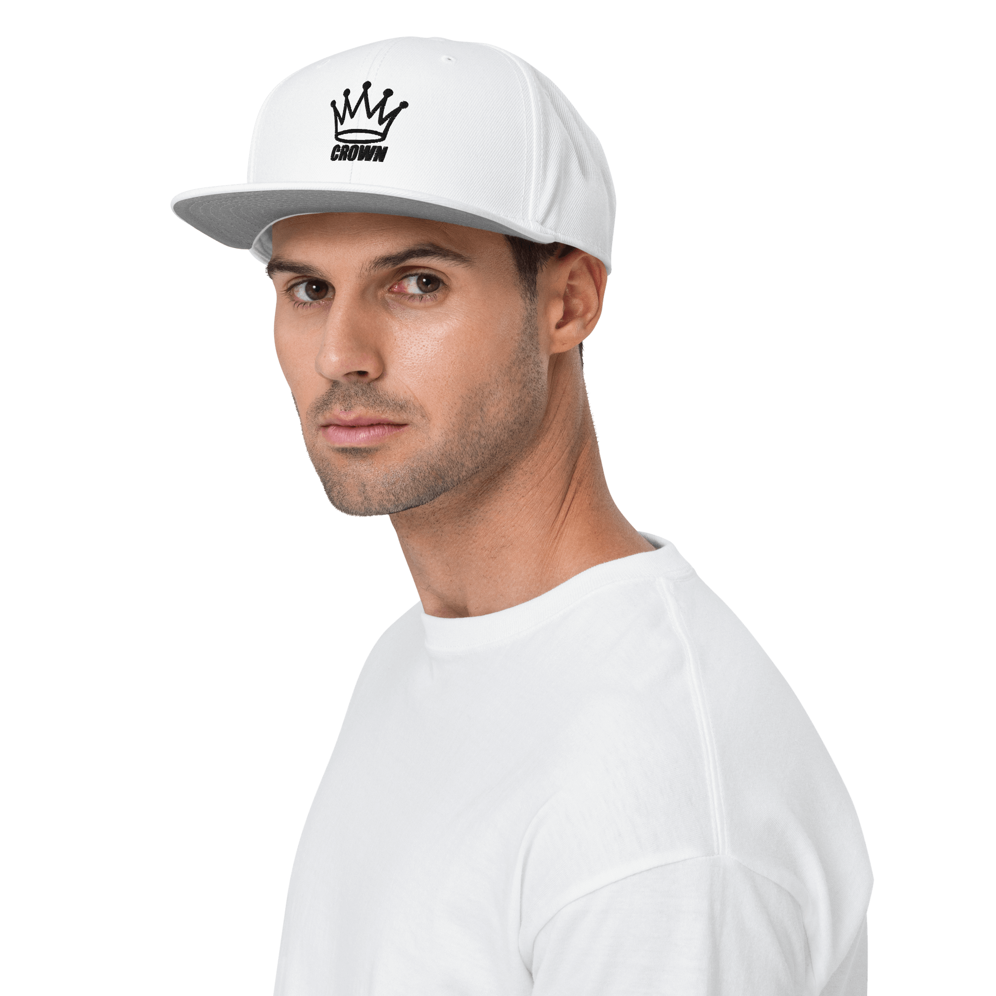 Man in a white t-shirt and a white baseball cap with a black crown logo.