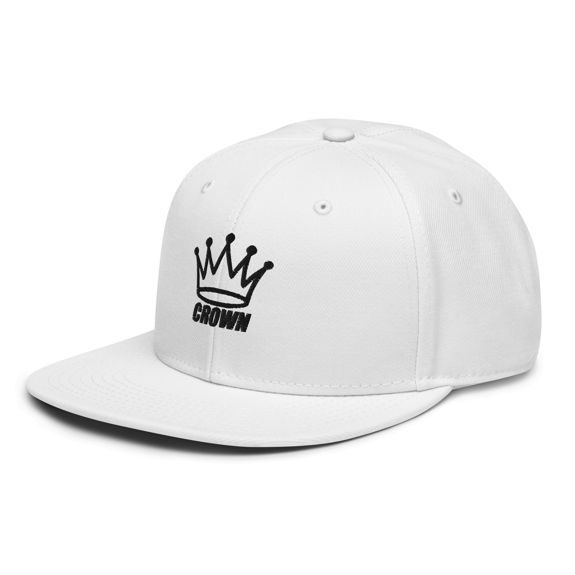 White baseball cap with black crown logo.