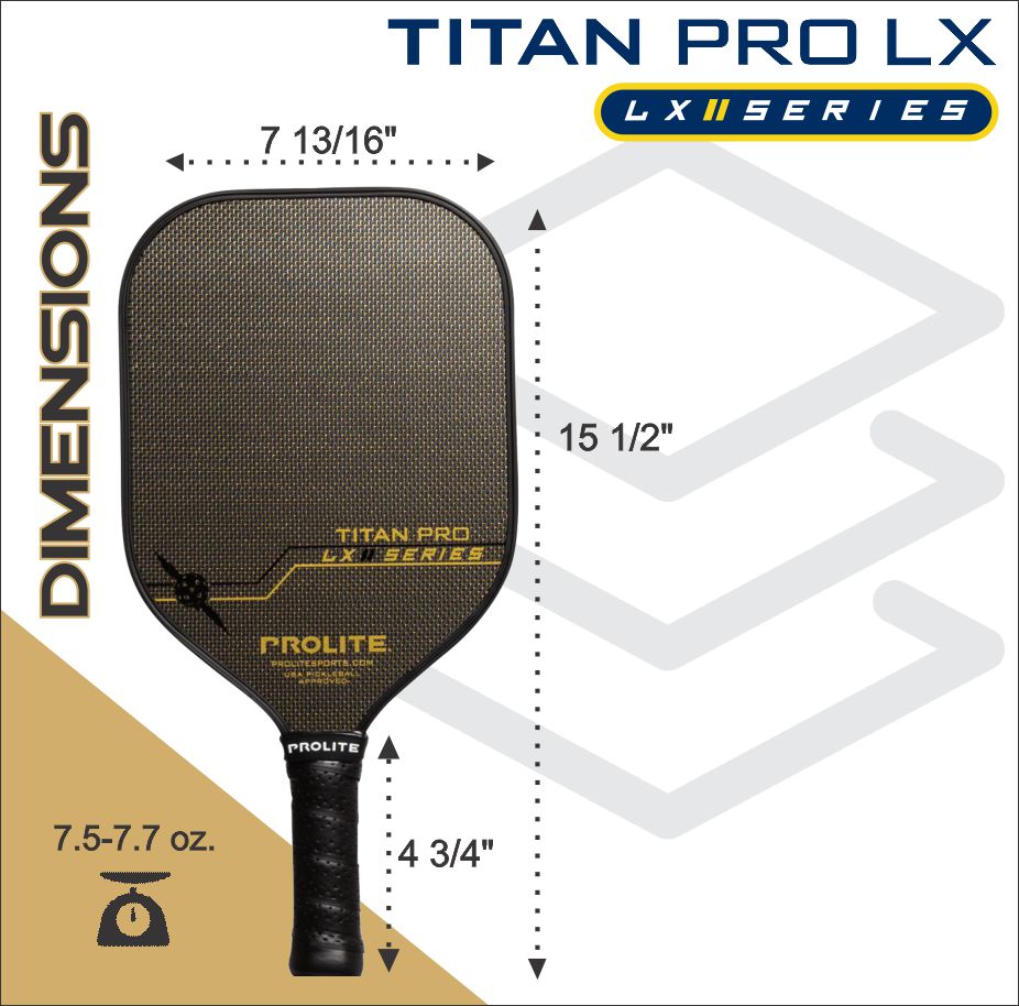 A black and gold pickleball paddle with the text "TITAN PRO LX" and dimensions listed.