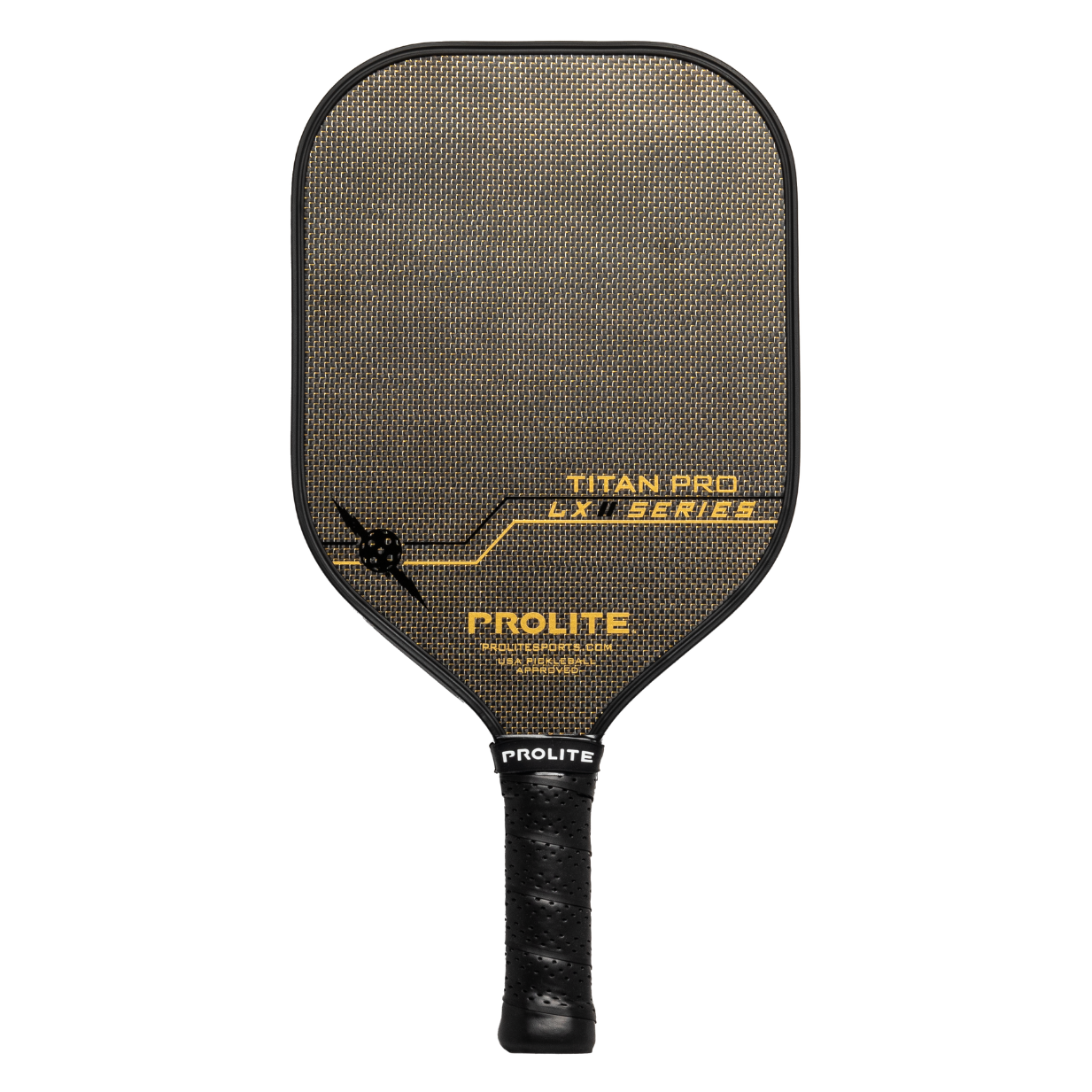 Black and gold pickleball paddle.
