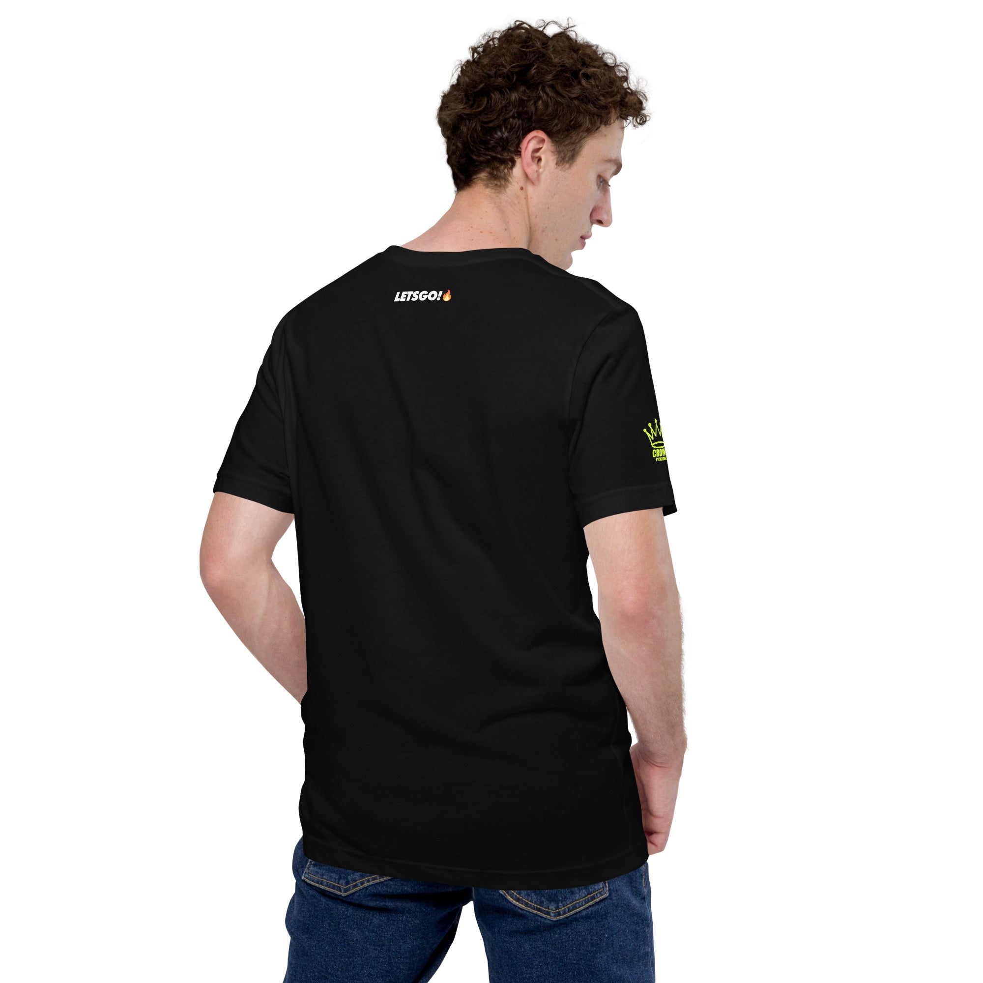 Man in black T-shirt with back and sleeve graphic, jeans.