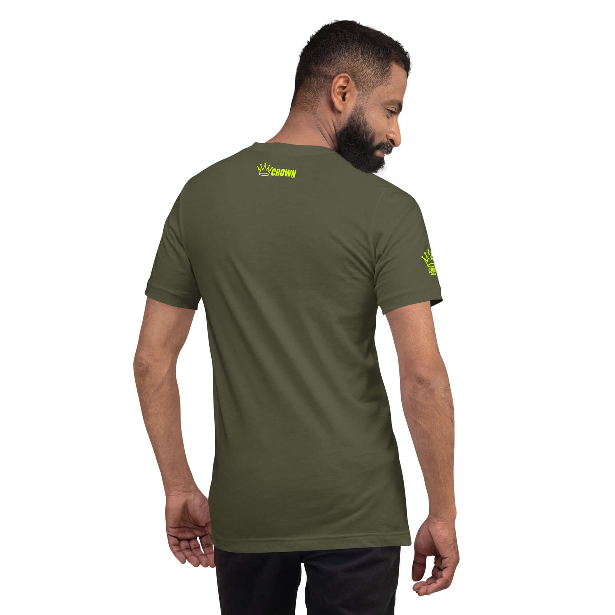Man in olive green t-shirt with crown logo.