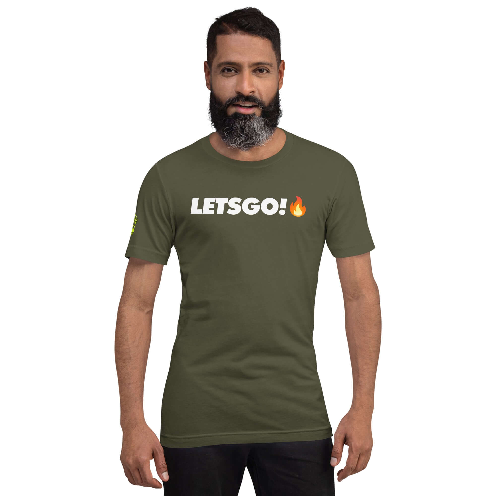 Man wearing a green t-shirt with the word "LETSGO!" and a flame emoji.