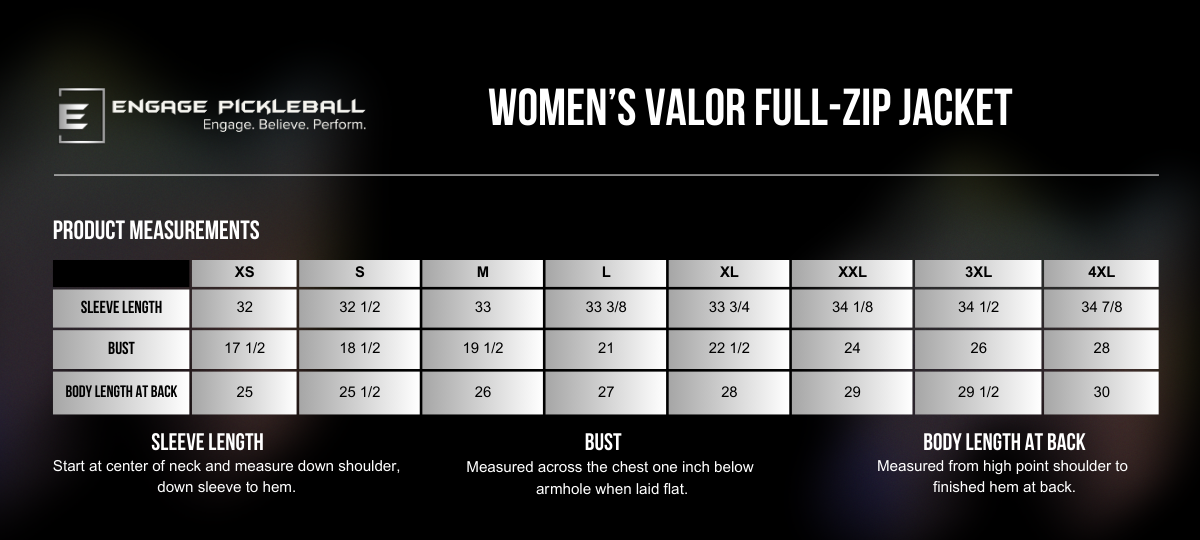 Women's Valor Full-Zip Jacket size chart by EngagePickleball, detailing sleeve length, bust, and body length measurements for sizes XS through 4XL.